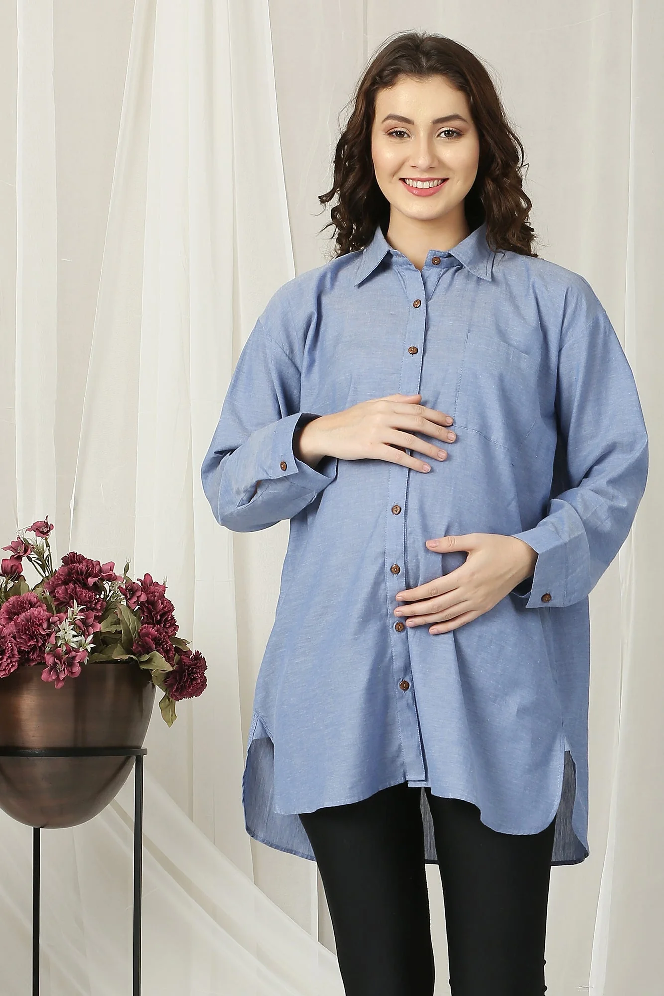 Denim Blue Maternity & Nursing Shirt (100% Cotton) - Chenance
