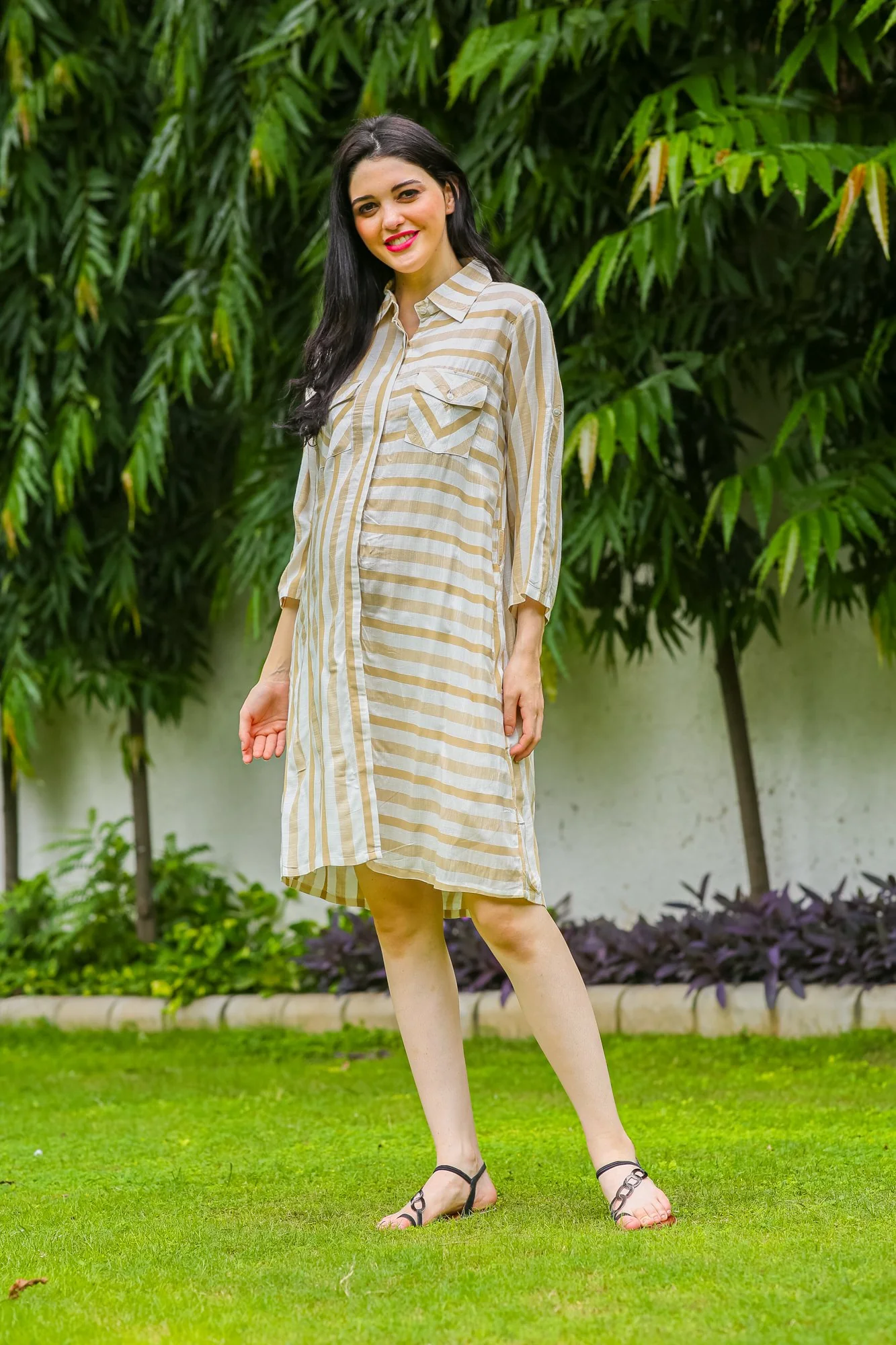Beige Striped Maternity & Nursing Shirt Dress - Chenance