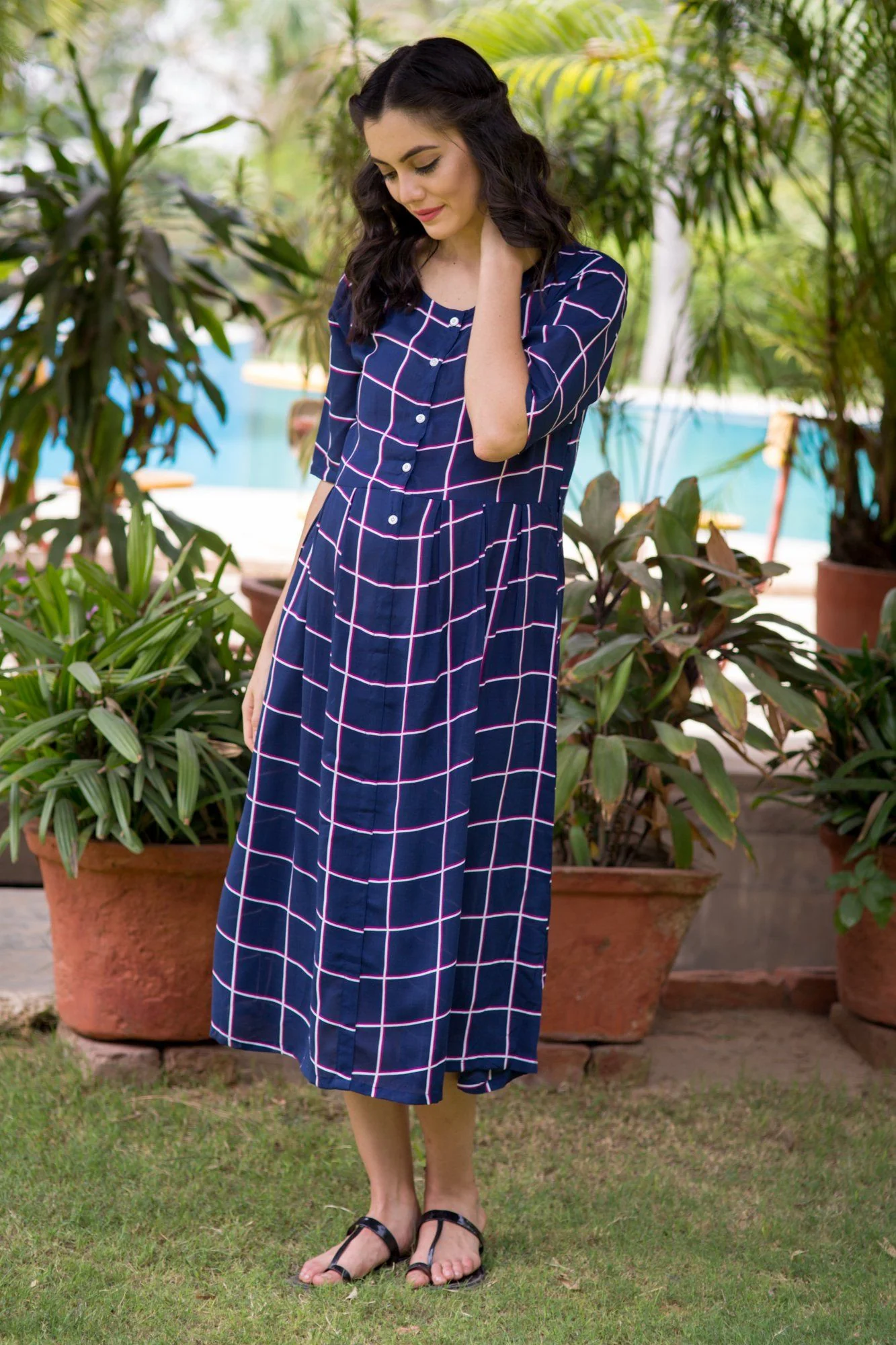 Navy Cotton Maternity and Nursing Dress - Chenance