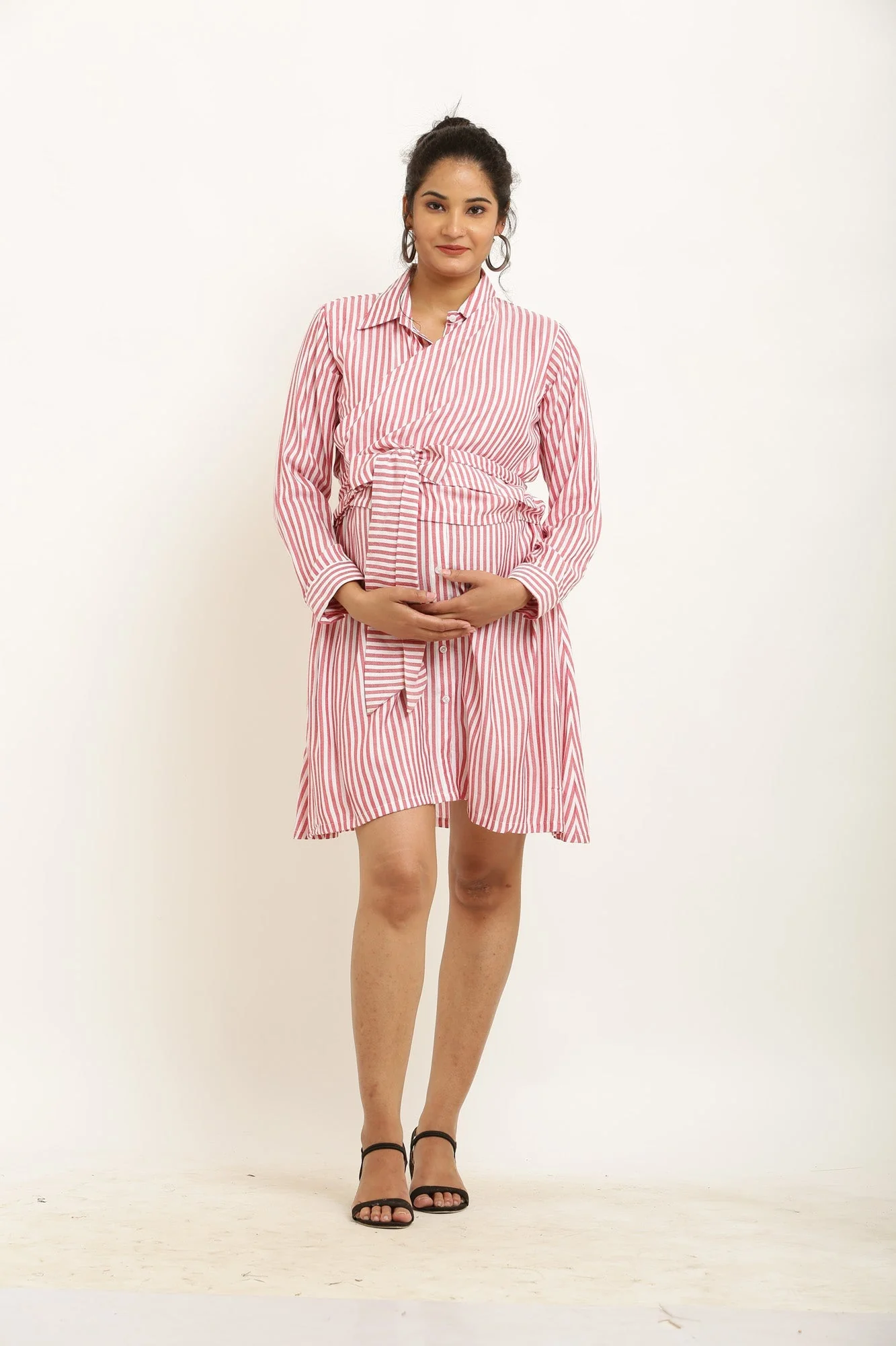 Poppy Red Striped Maternity & Nursing Wrap Shirt Dress - Chenance