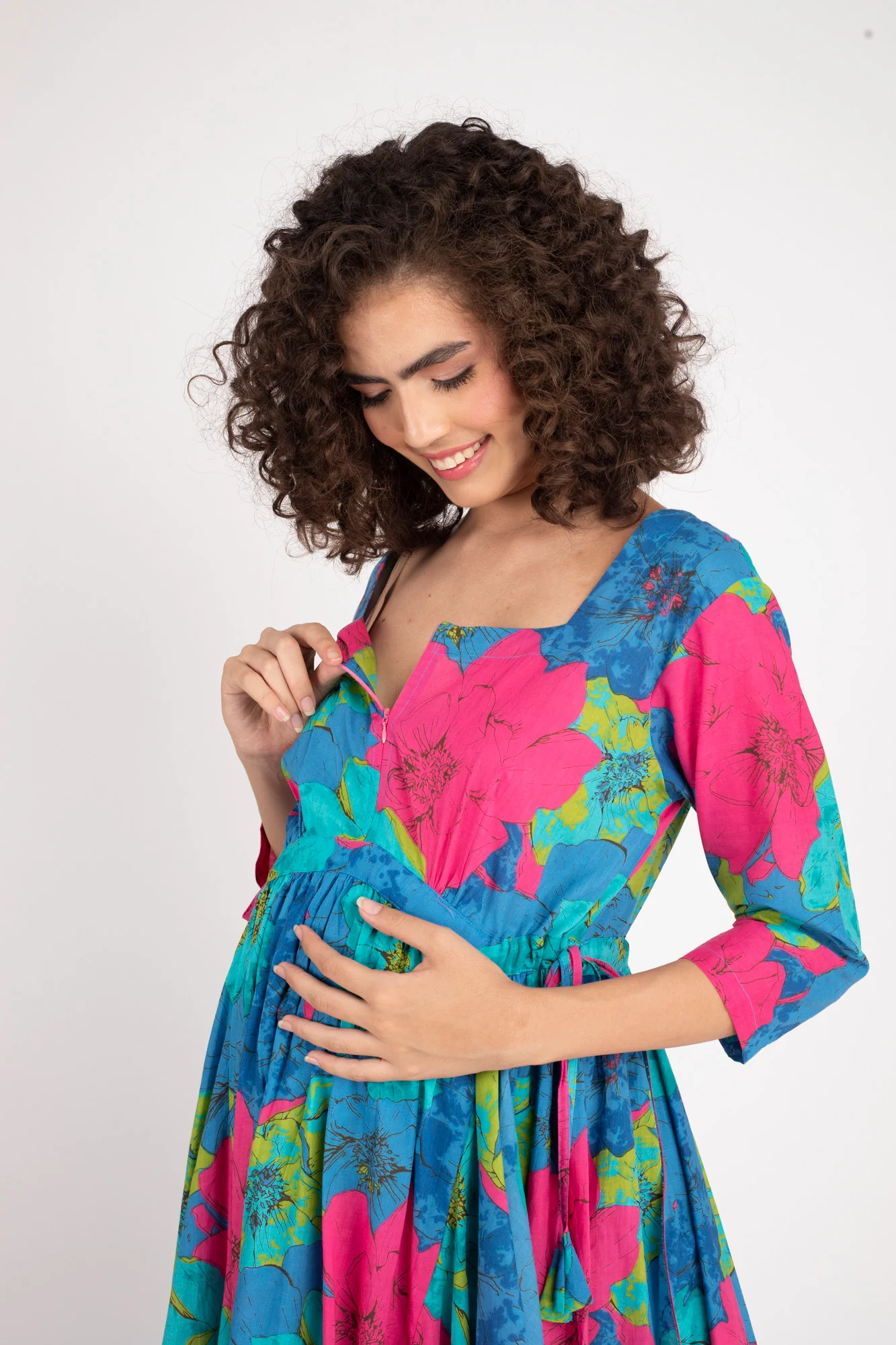 Dazzling Blue Maternity & Nursing Flow Dress (100% Cotton) - Chenance