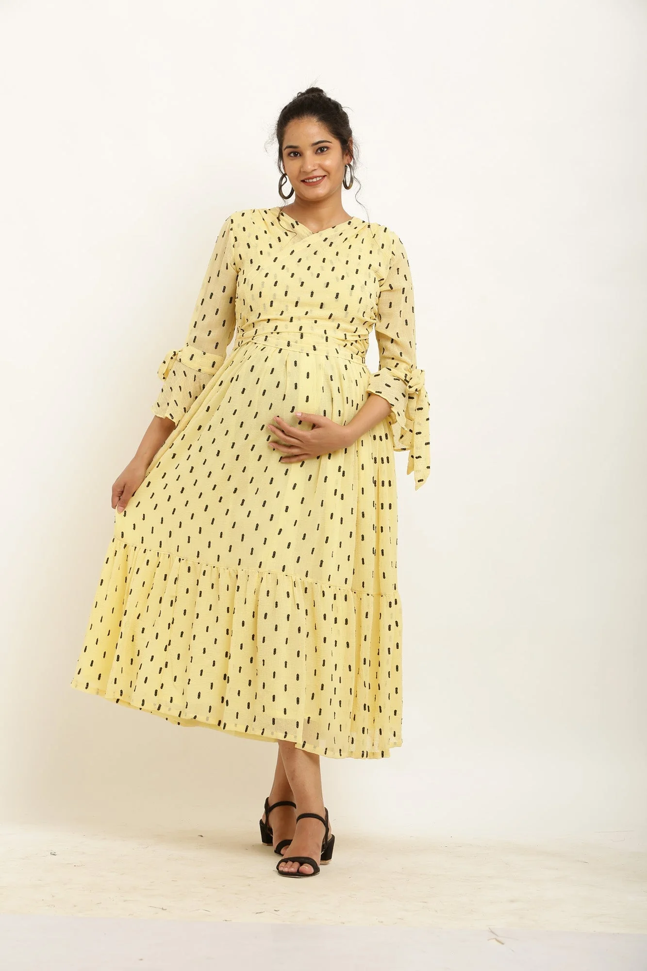 Pretty Yellow Maternity & Nursing Wrap Midi Dress - Chenance