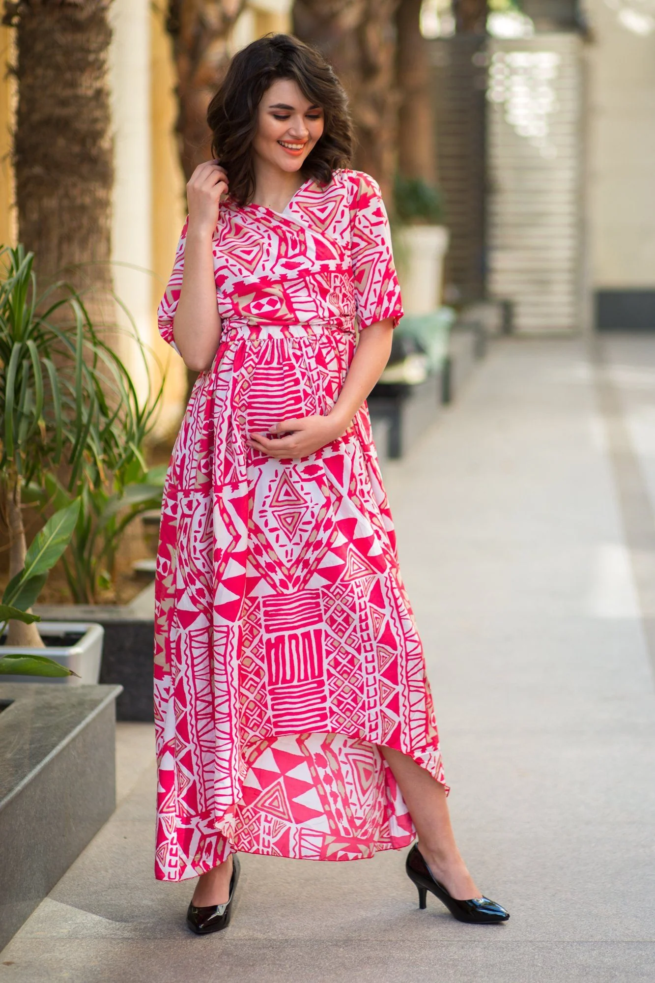 Cosmo Pink Abstract High-Low Maternity & Nursing Wrap Dress - Chenance