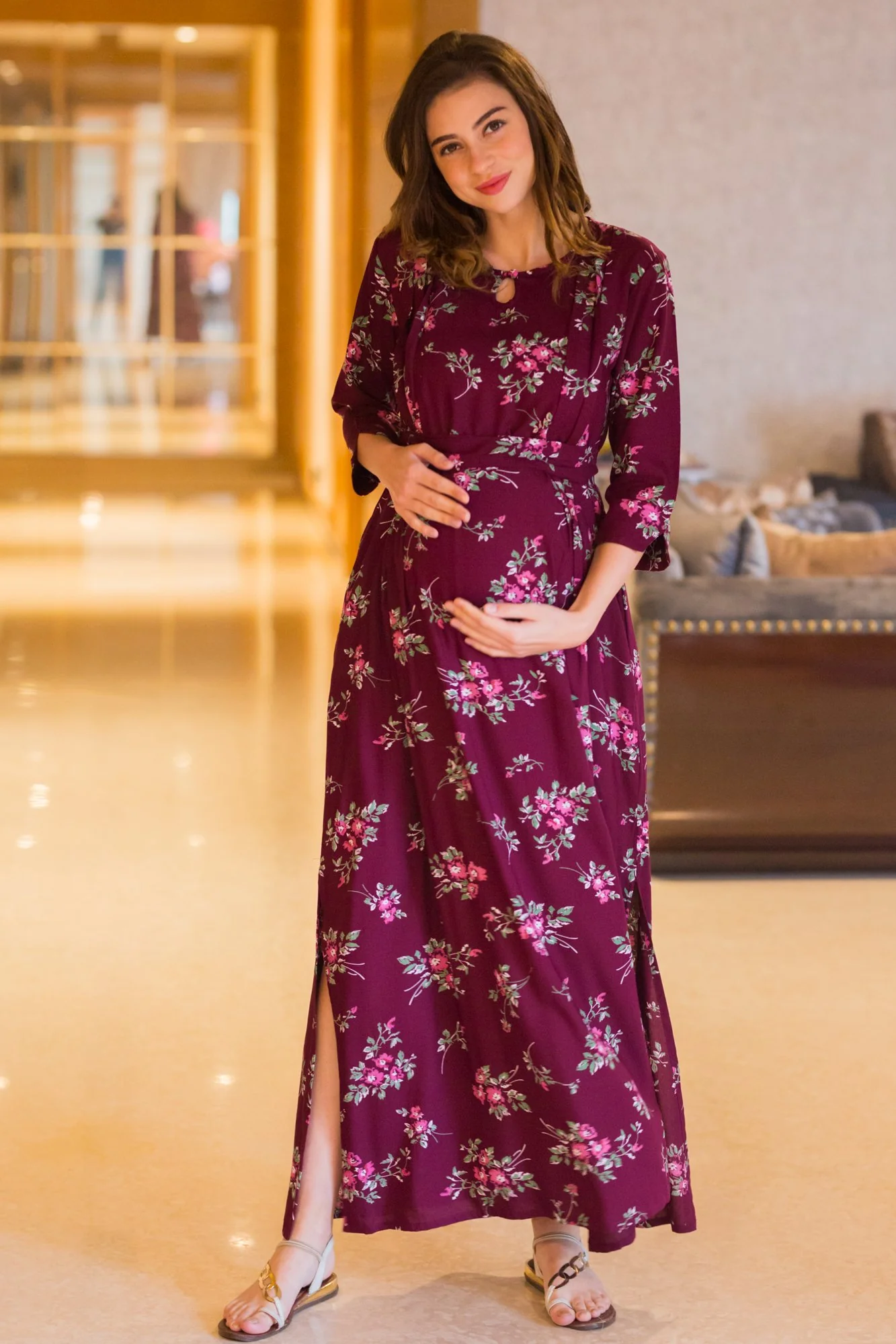 Wine Floral Side Slits Concealed Zips Feeding Dress - Chenance