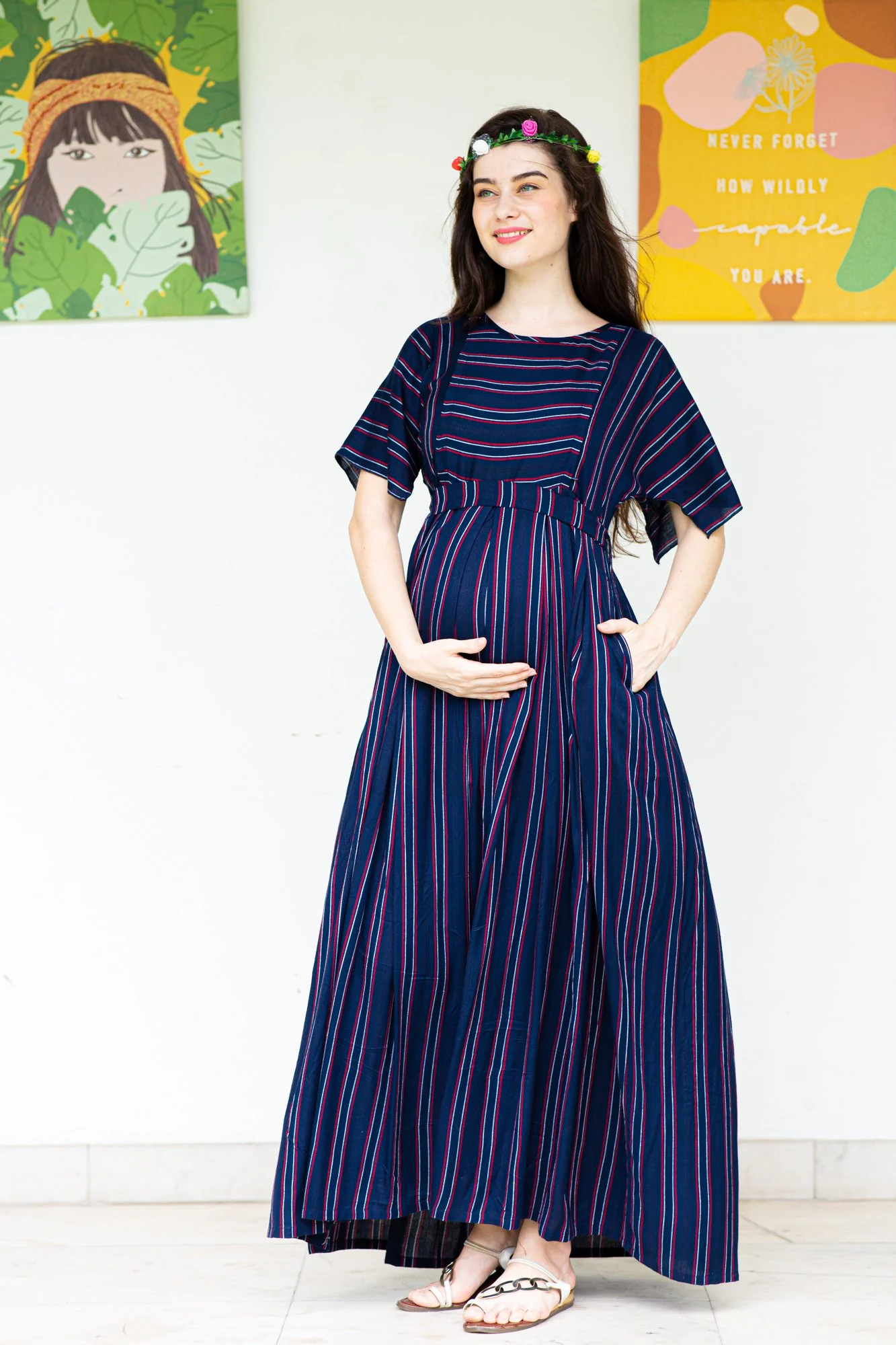 Indigo Striped Maternity & Nursing Maxi - Chenance