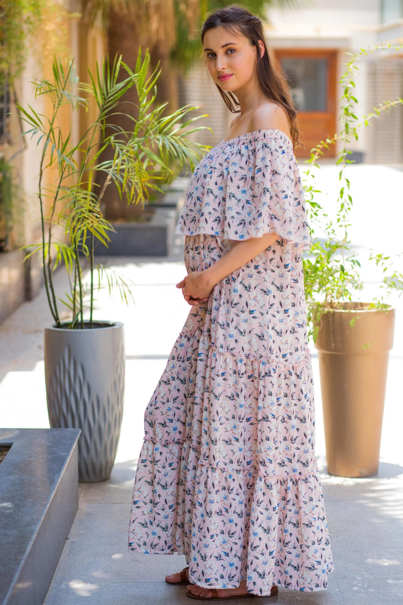 Pristine Pink Off-Shoulder Maternity Maxi - Chenance