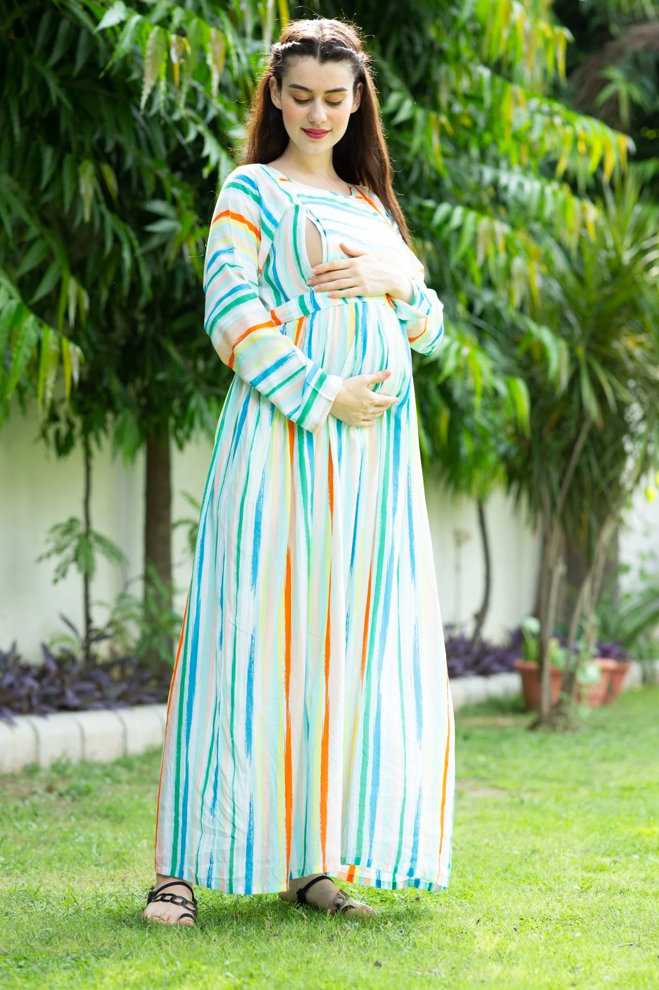 Pastel Striped Maternity & Nursing Maxi Dress - Chenance