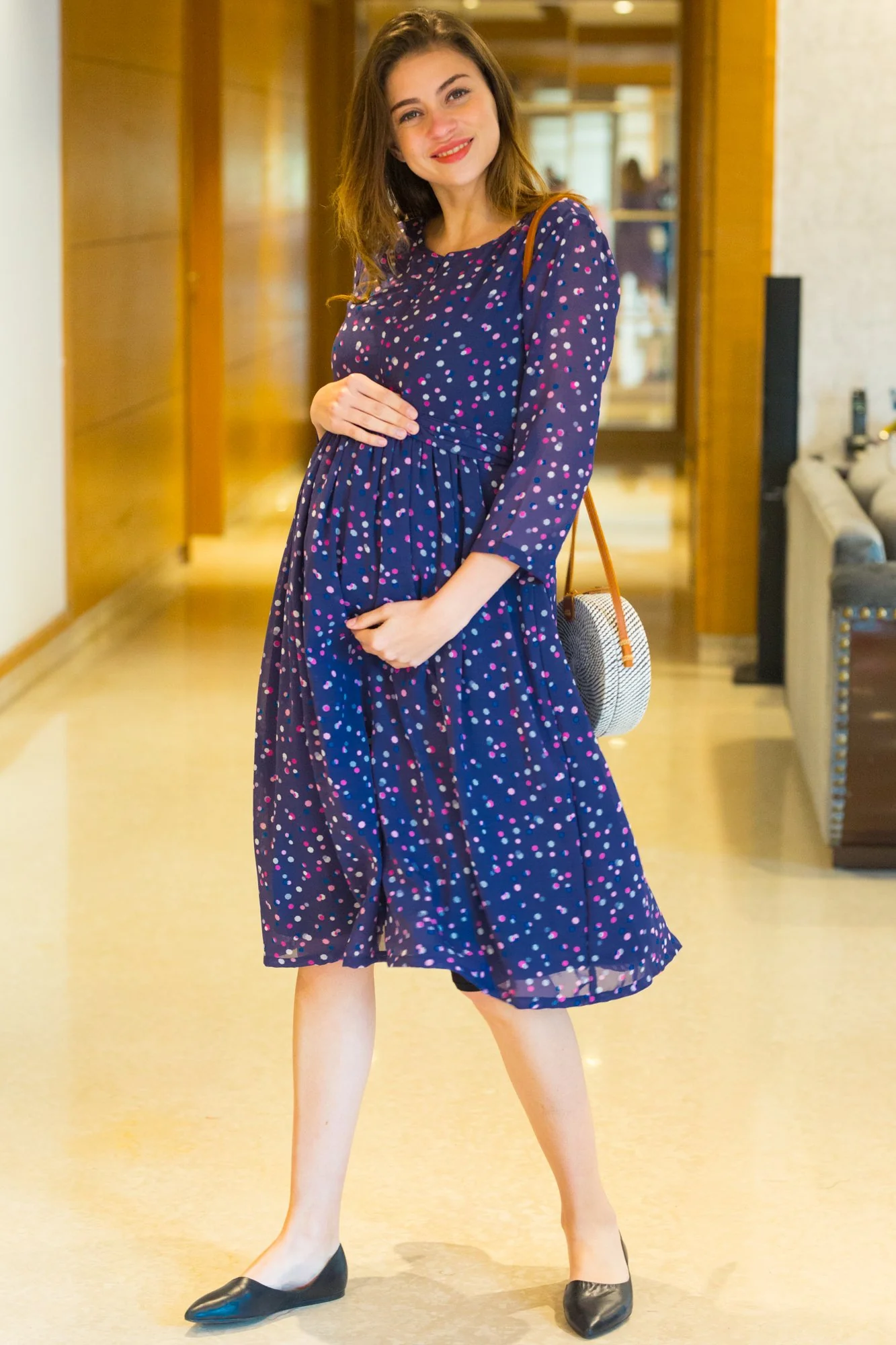 Multi Dotted Maternity & Nursing Dress - Chenance