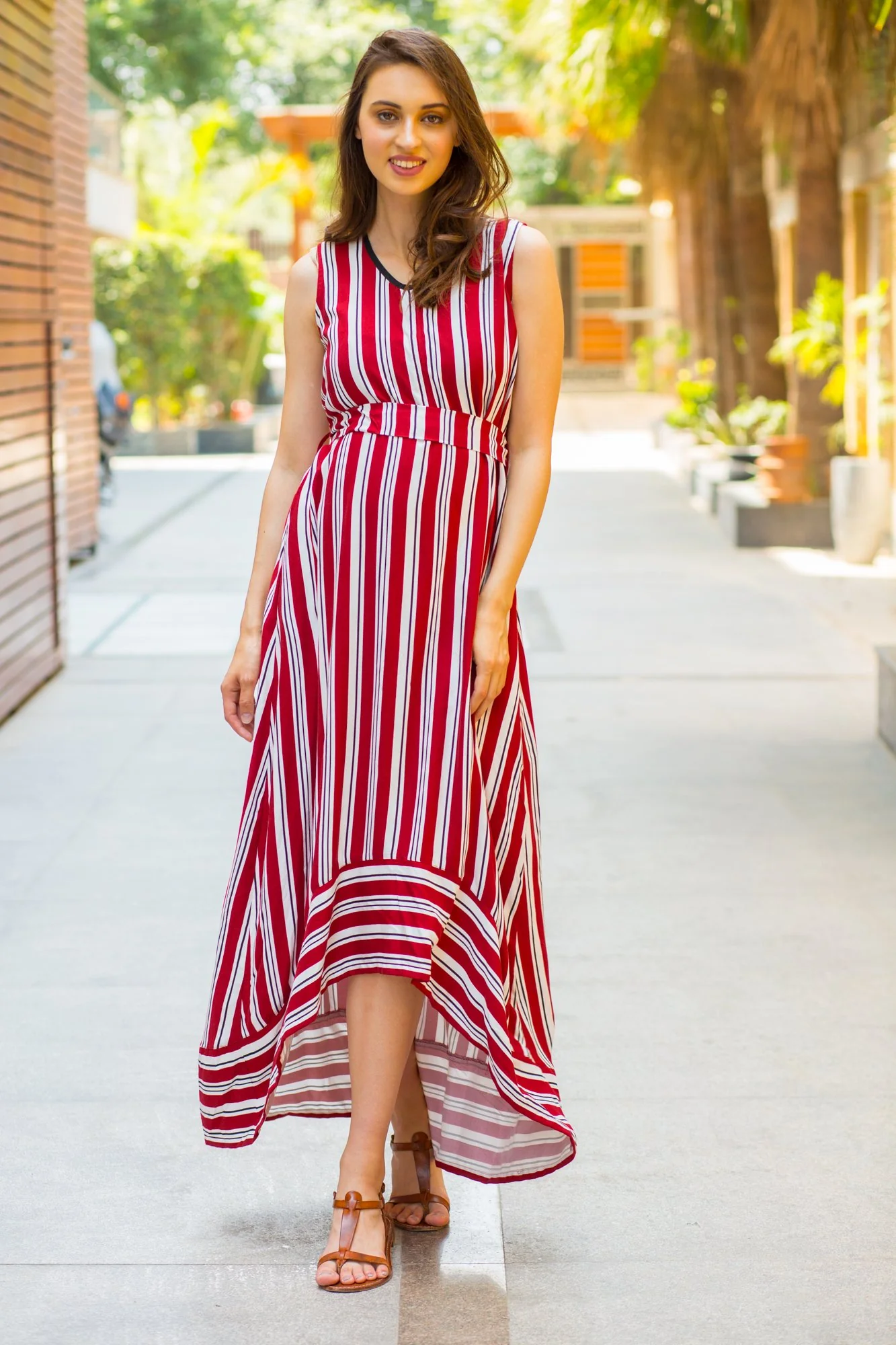 Maroon Striped Front Zip Hi-Low Maternity & Nursing Dress - Chenance