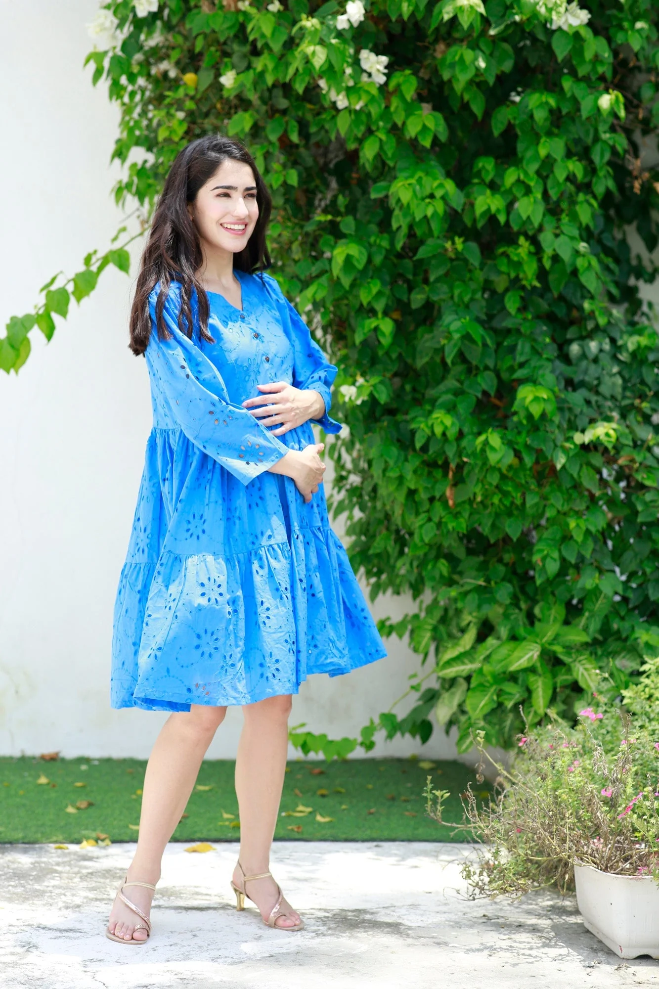 Pretty Cobalt Blue Maternity & Nursing Dress (100% Cotton) - Chenance