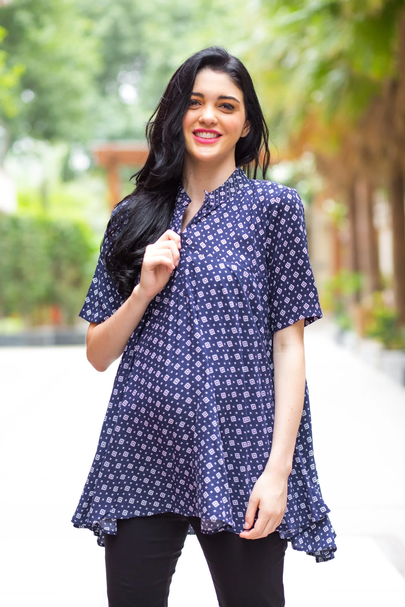 Navy Geo Flowing Maternity & Nursing Top - Chenance