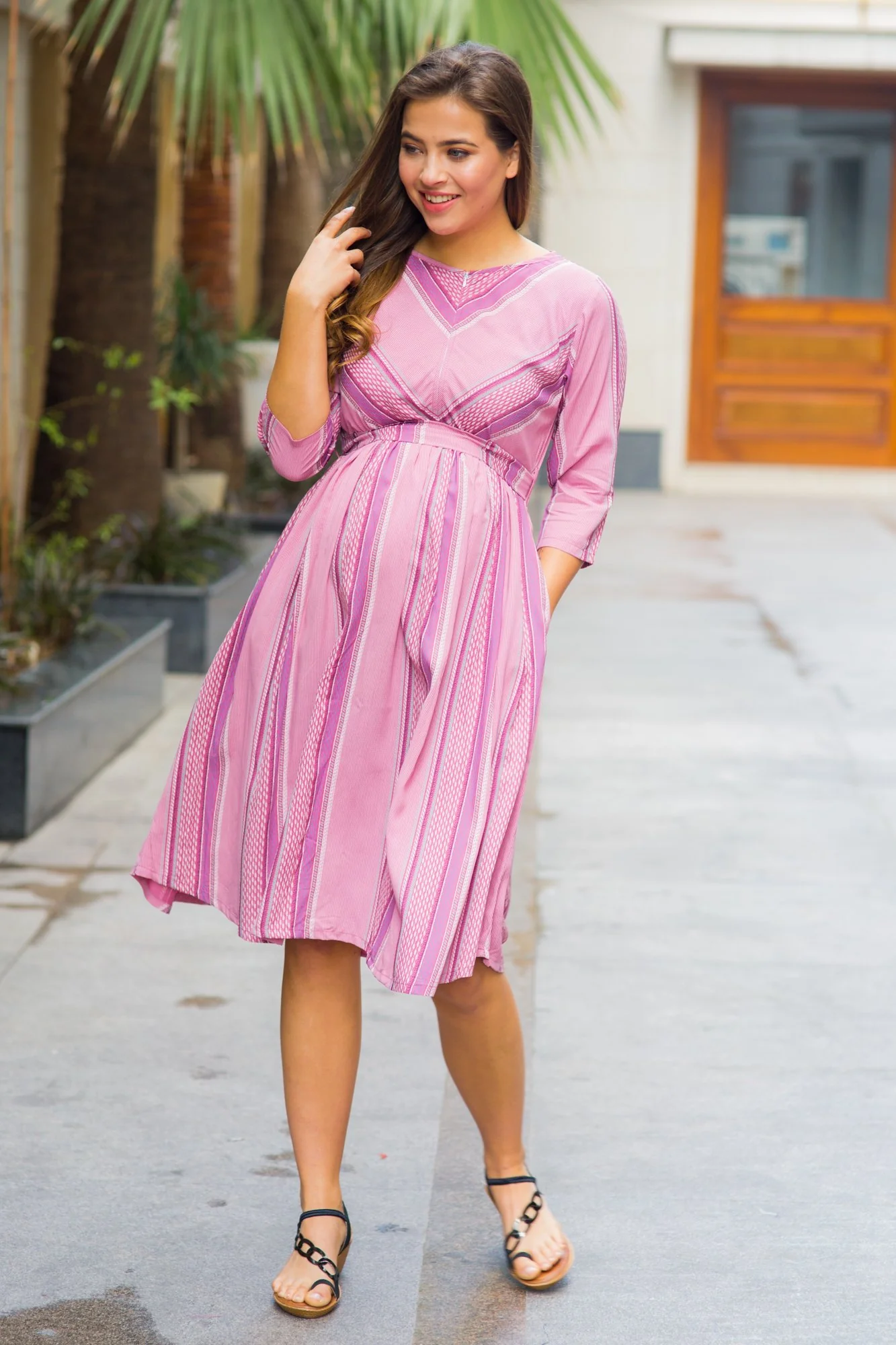 Mulberry Pink Stripe Front Zip Maternity & Nursing Dress - Chenance