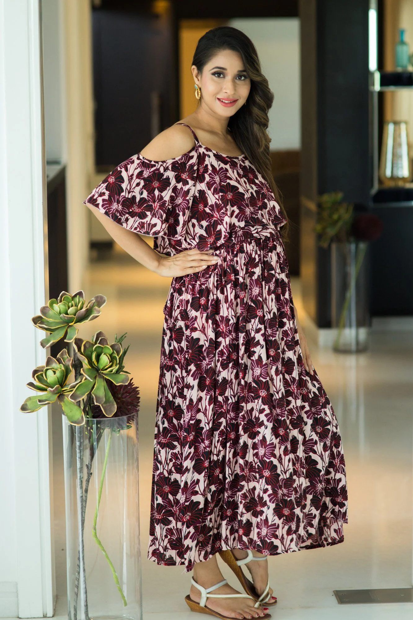 Mulberry Floral Cold Shoulder Maternity & Nursing Maxi Dress - Chenance