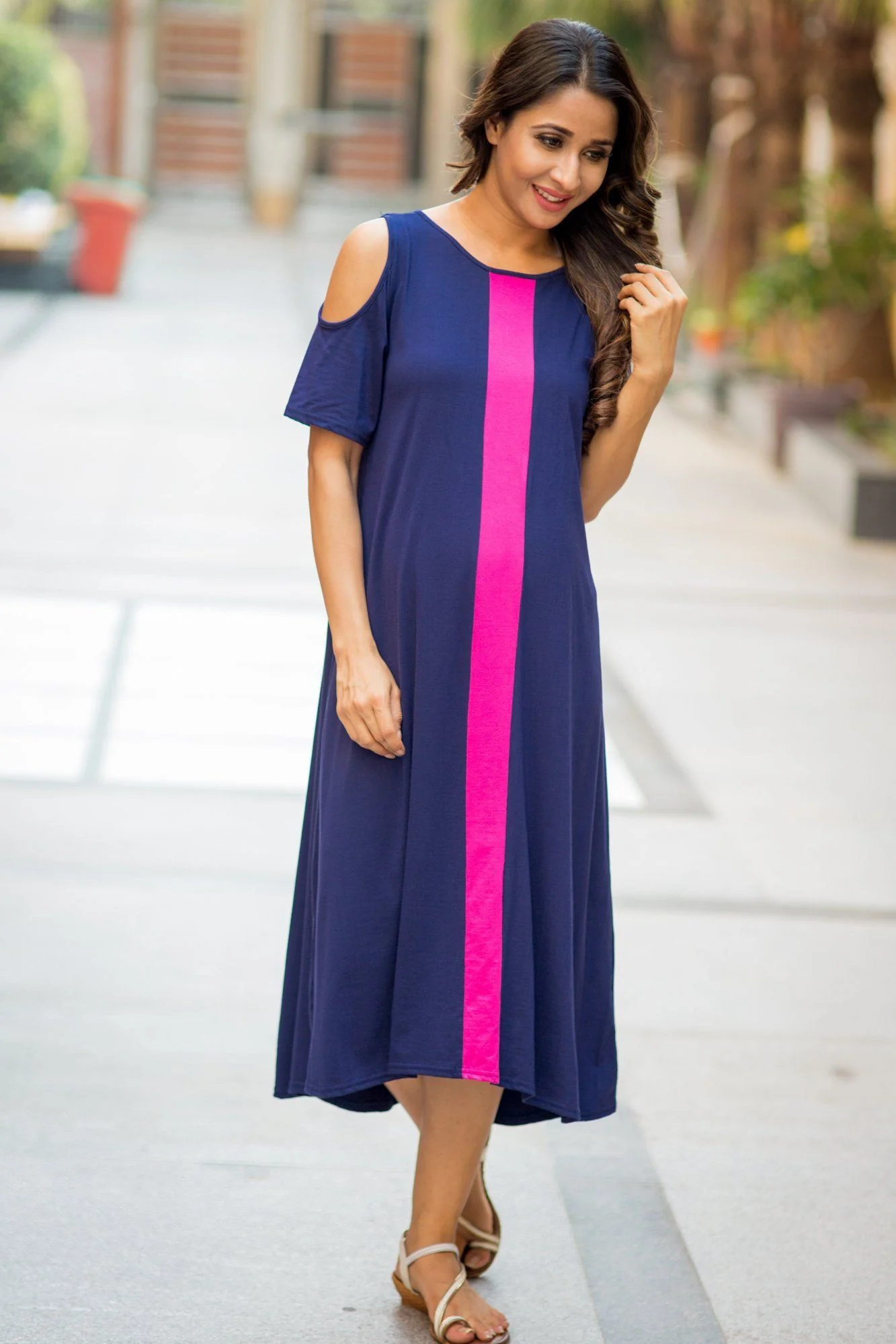 Midnight Blue Cold Shoulder Stretchable Maternity Dress - Chenance