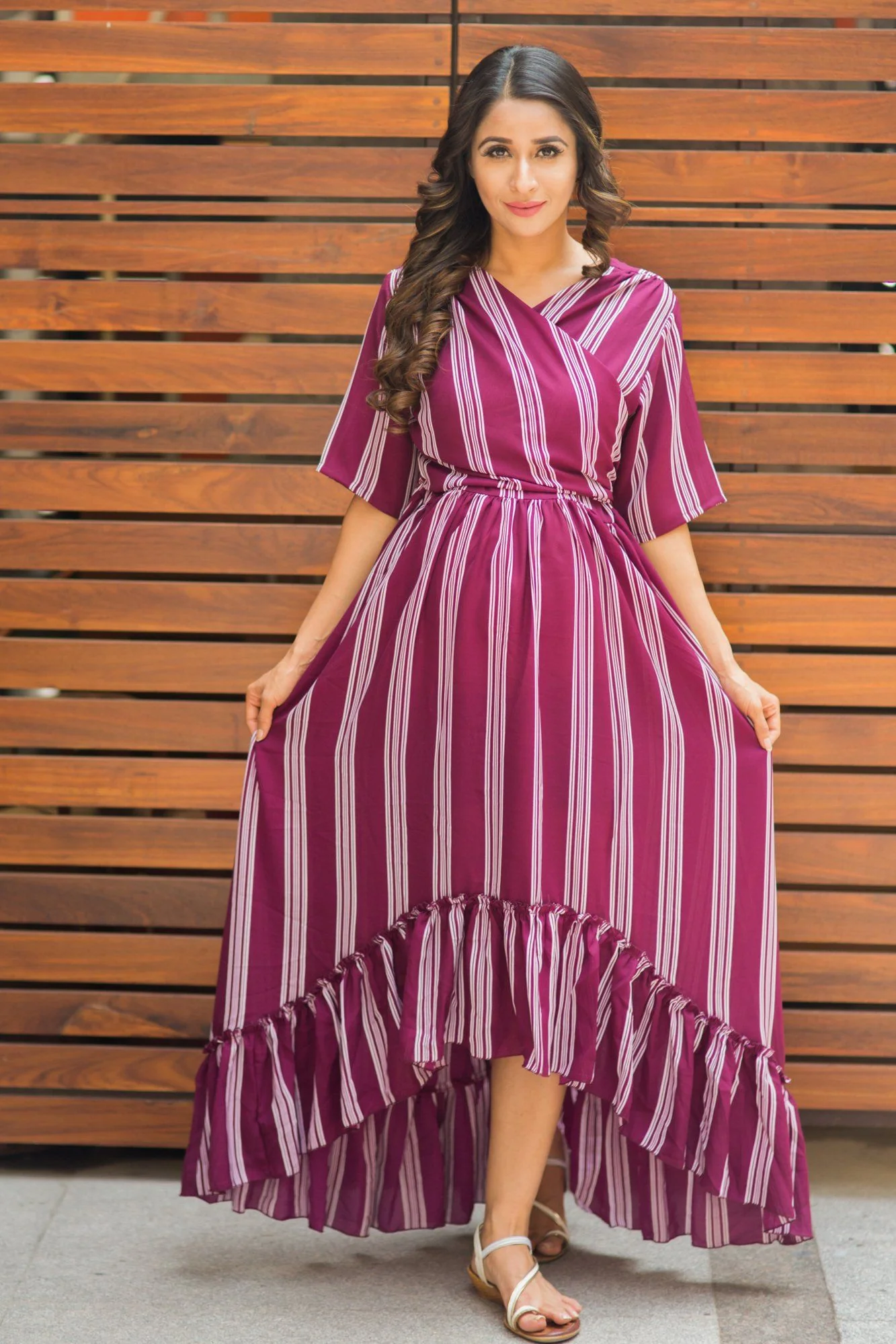 Plum Striped Hi-Low Frill Maternity & Nursing Wrap Dress - Chenance