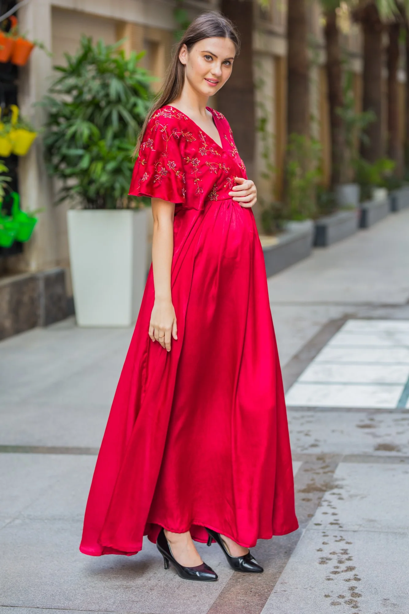Luxe Blush Red Maternity & Nursing Dress - Chenance