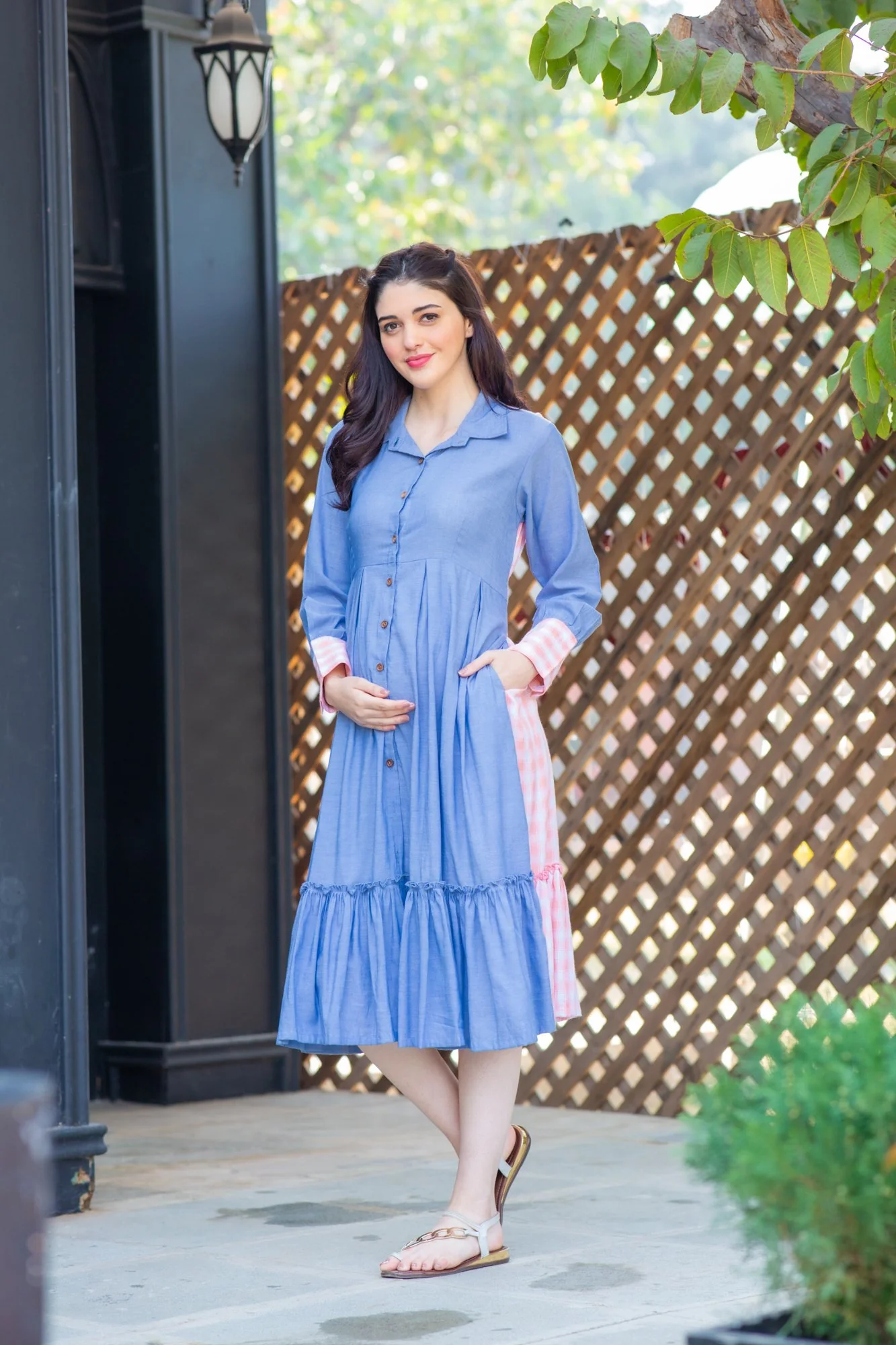 Blue Pink Cotton Maternity & Nursing Dress - Chenance