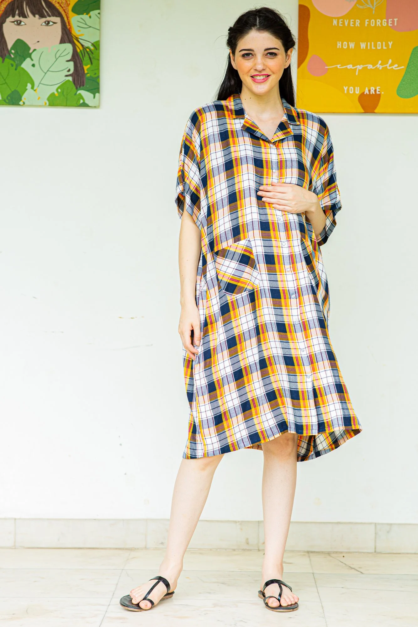 Relaxing Plaid Maternity & Nursing Night Dress - Chenance