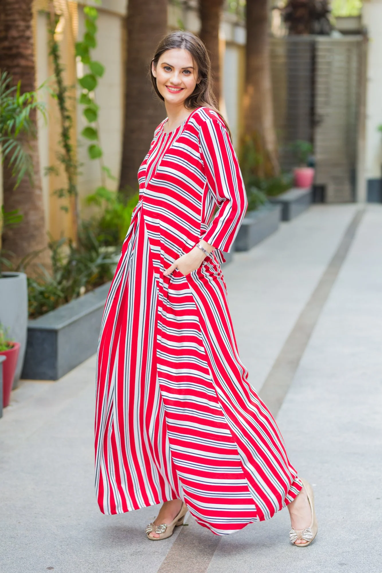 Crimson Striped Maternity and Nursing Maxi Dress - Chenance