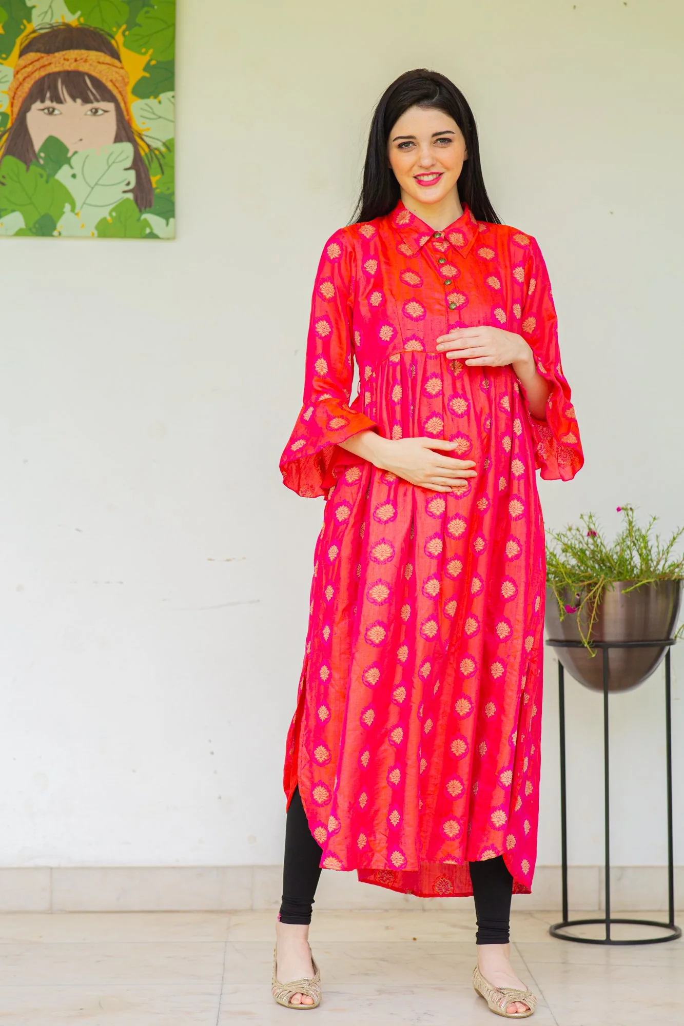Red Luxe Maternity and Nursing Kurta Dress - Chenance