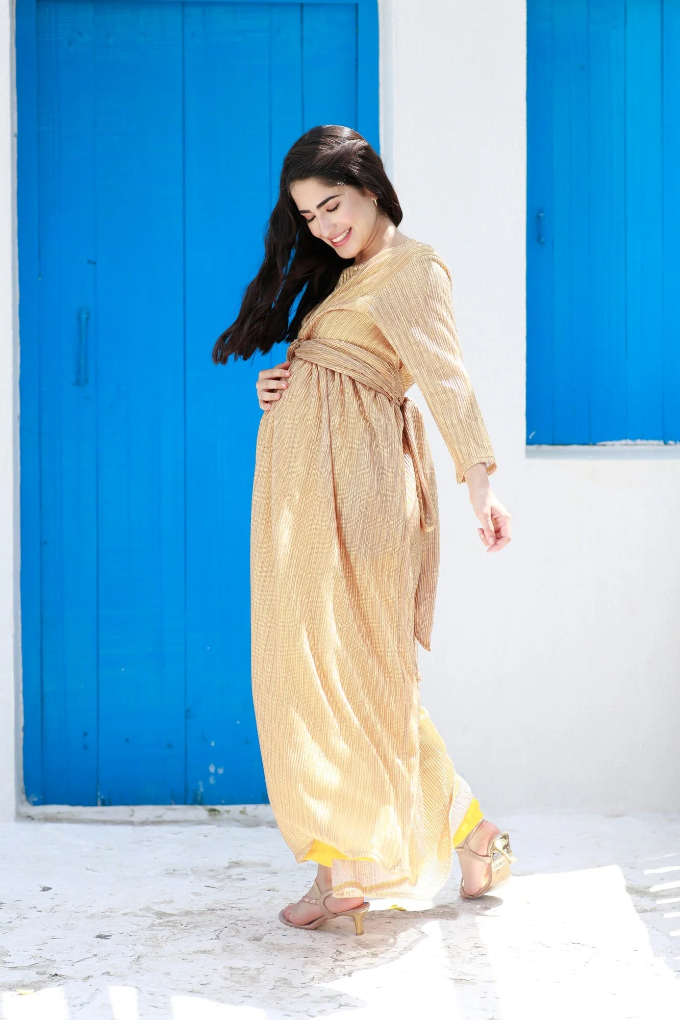 Luxe Golden Shimmery Maternity Knot Dress - Chenance