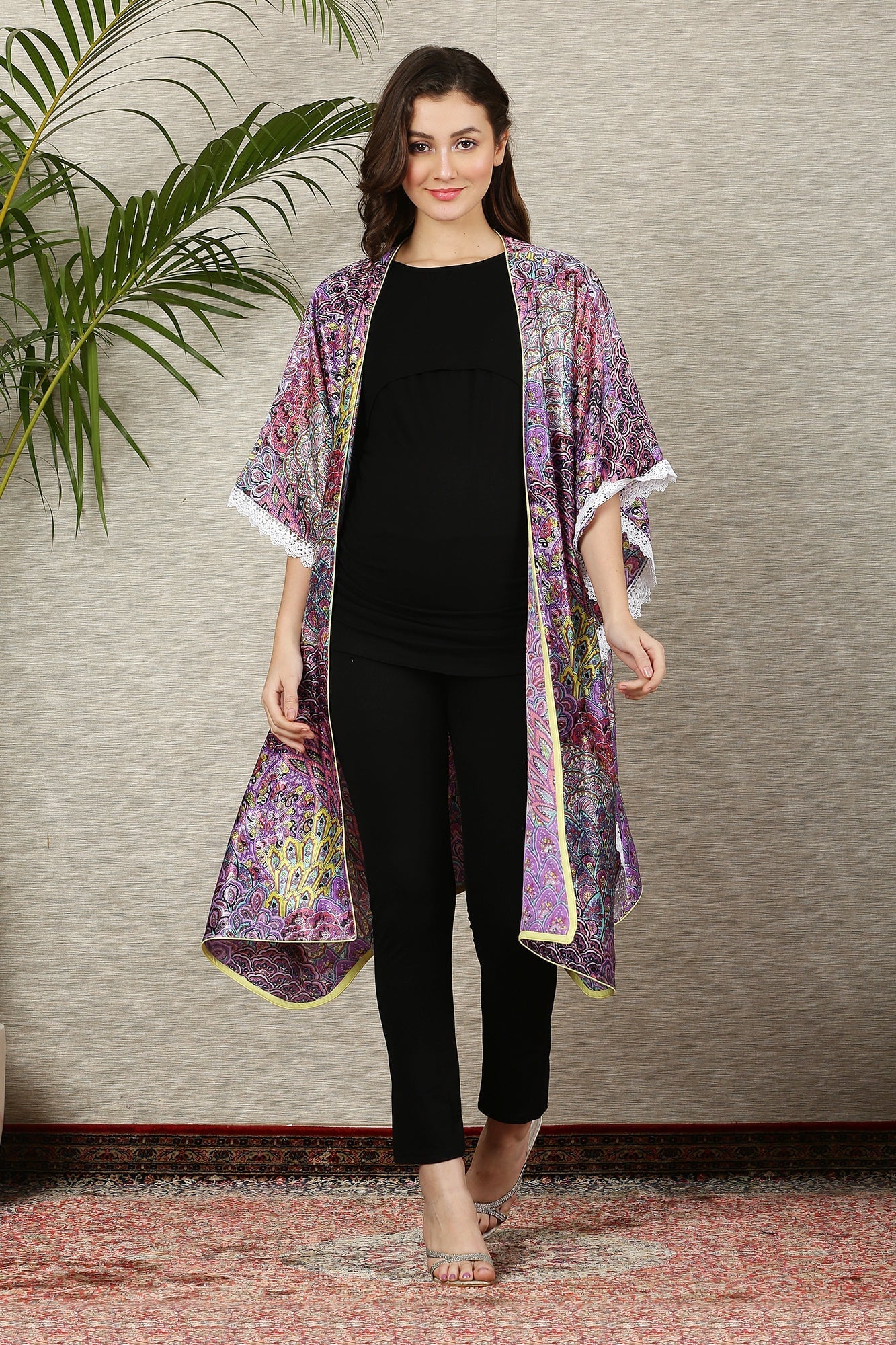 Plum Peacock Fringe Maternity Satin Cover Up - Chenance