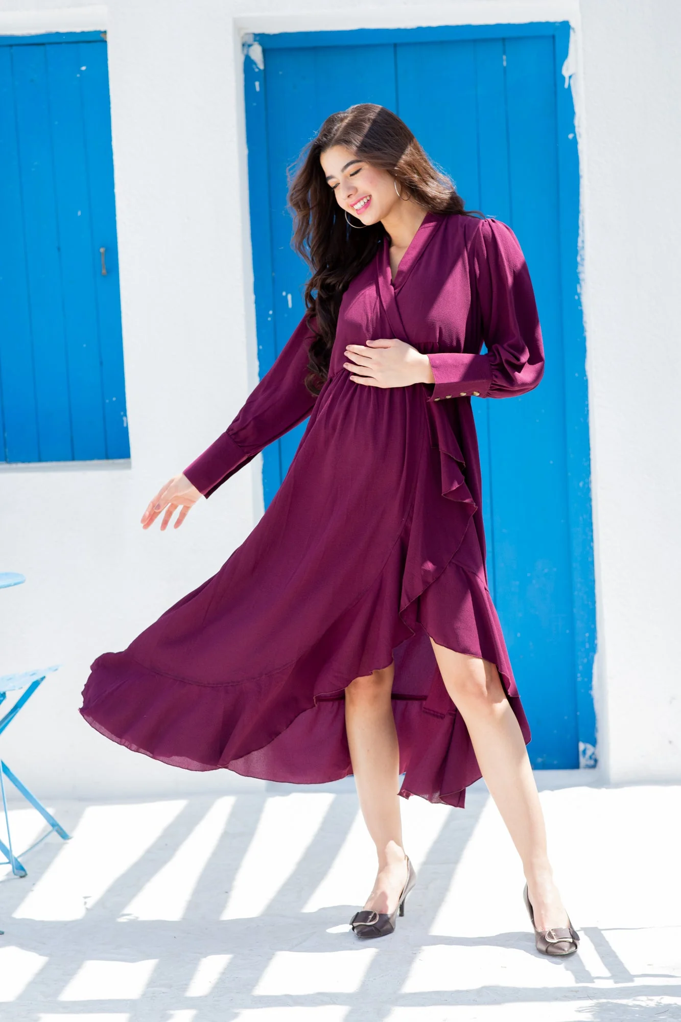 Pretty Wine Maternity & Nursing Hi-Low Frill Dress - Chenance