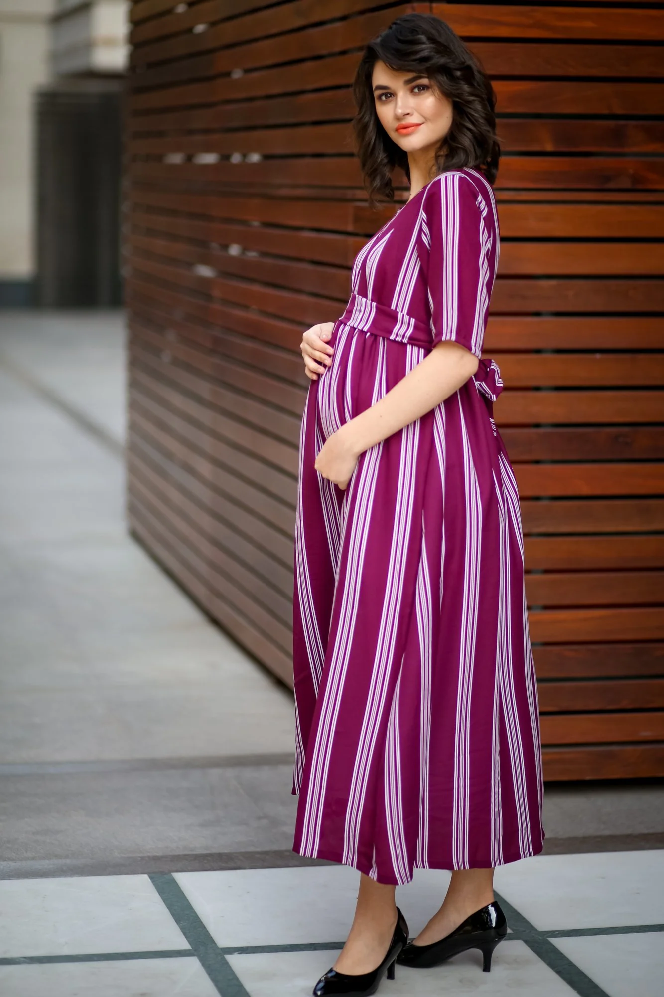 Plush Violet Striped Maternity & Nursing Dress - Chenance