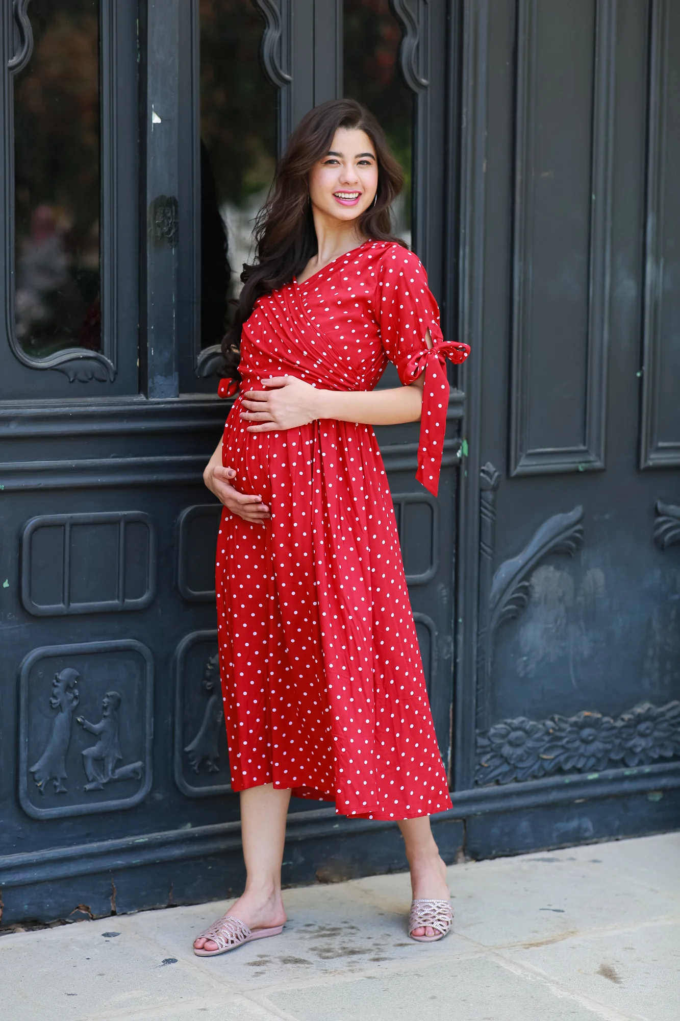 Paradise Cherry Dotted Maternity & Nursing Midi Wrap Dress - Chenance