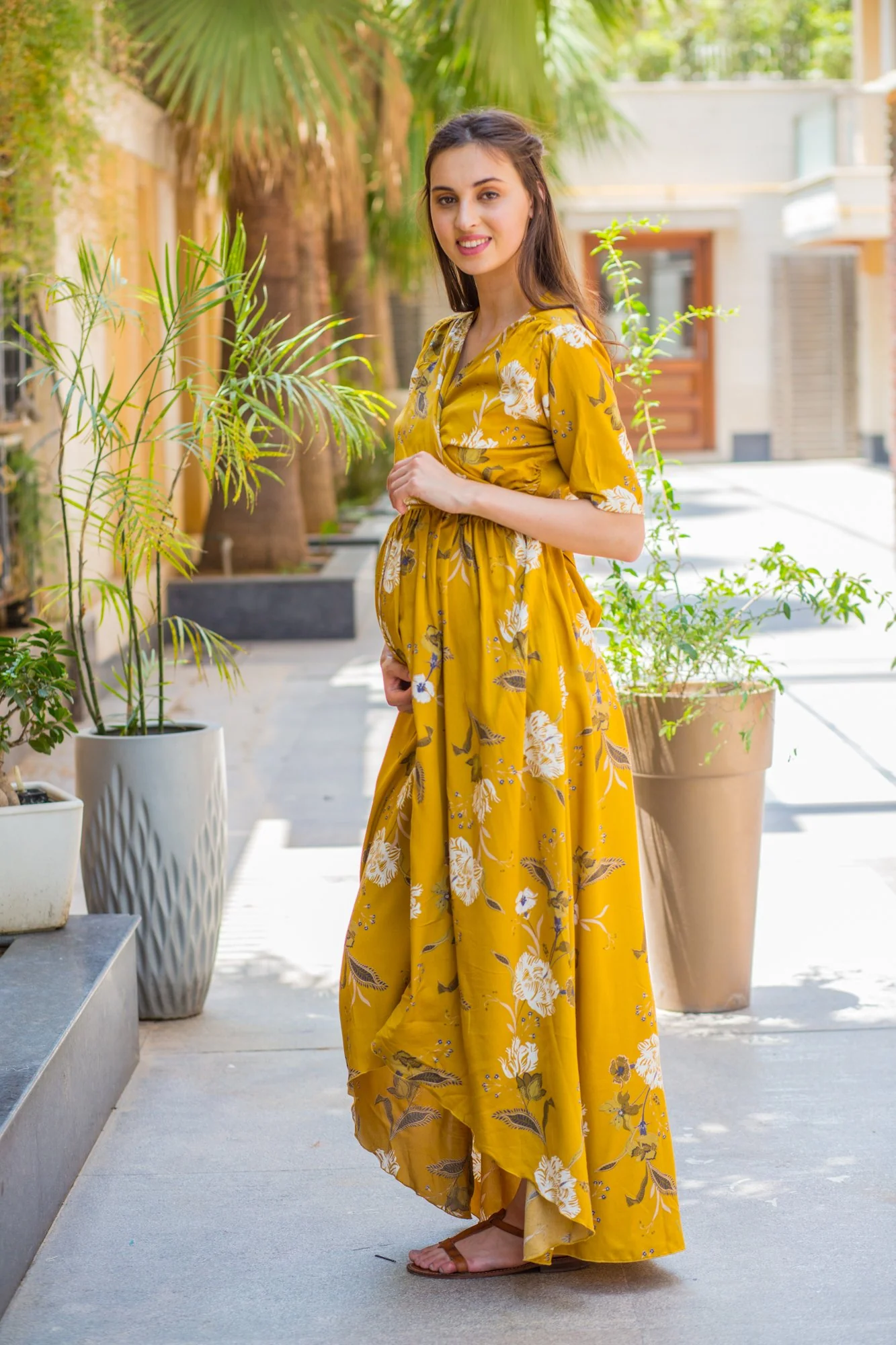 Mustard Blossom Hi-Low Maternity & Nursing Wrap Dress - Chenance