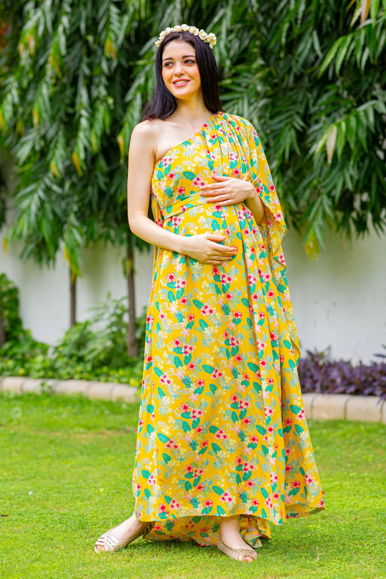 Luxe Cheery One Shoulder Floral Maternity Gown - Chenance