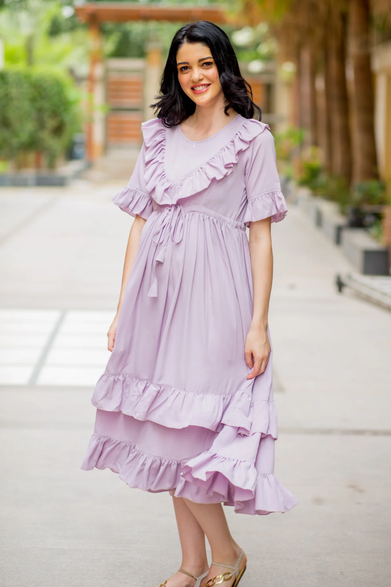 Lavender Front Frill Maternity & Nursing Midi Dress - Chenance