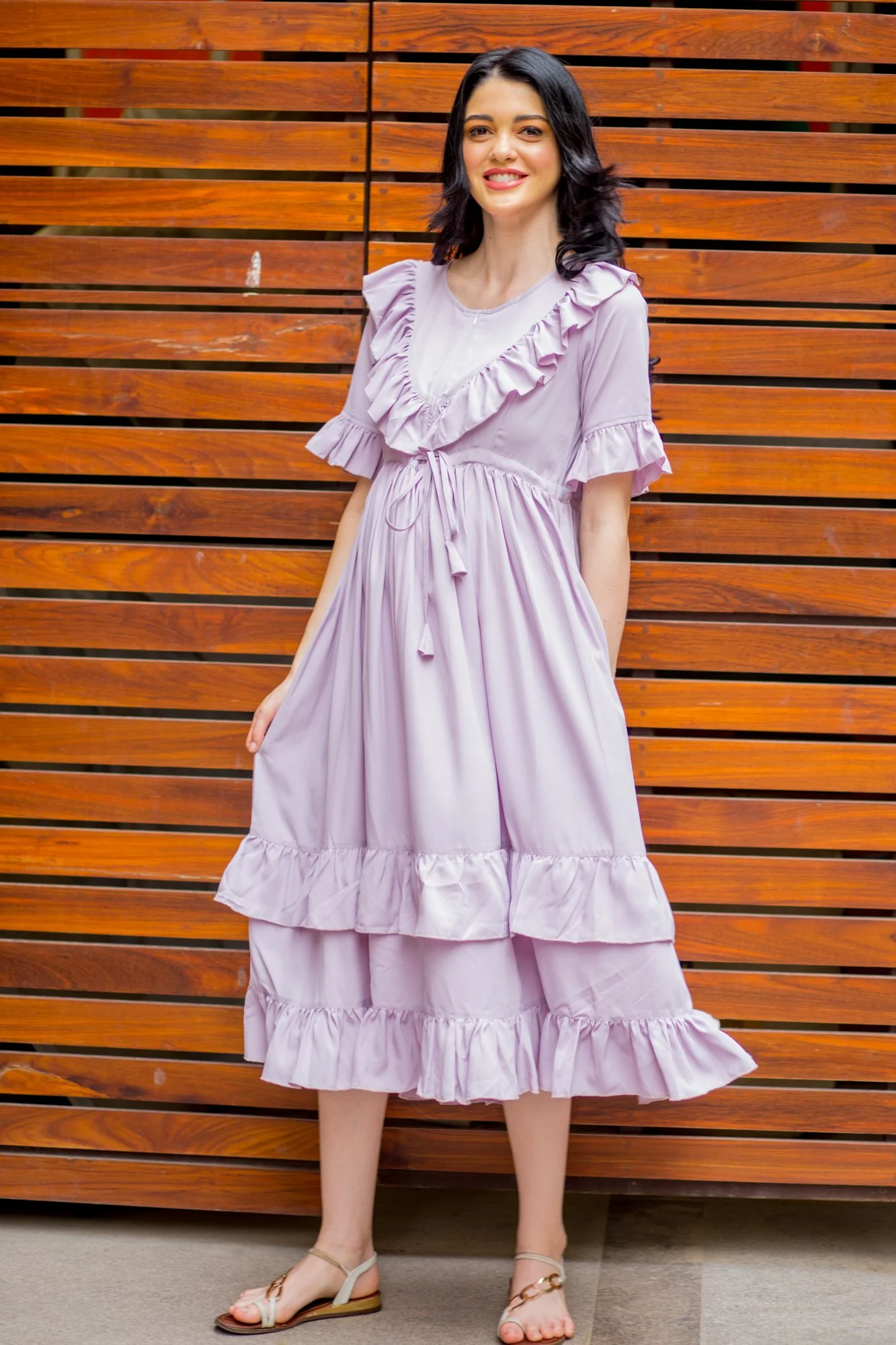 Lavender Front Frill Maternity & Nursing Midi Dress - Chenance