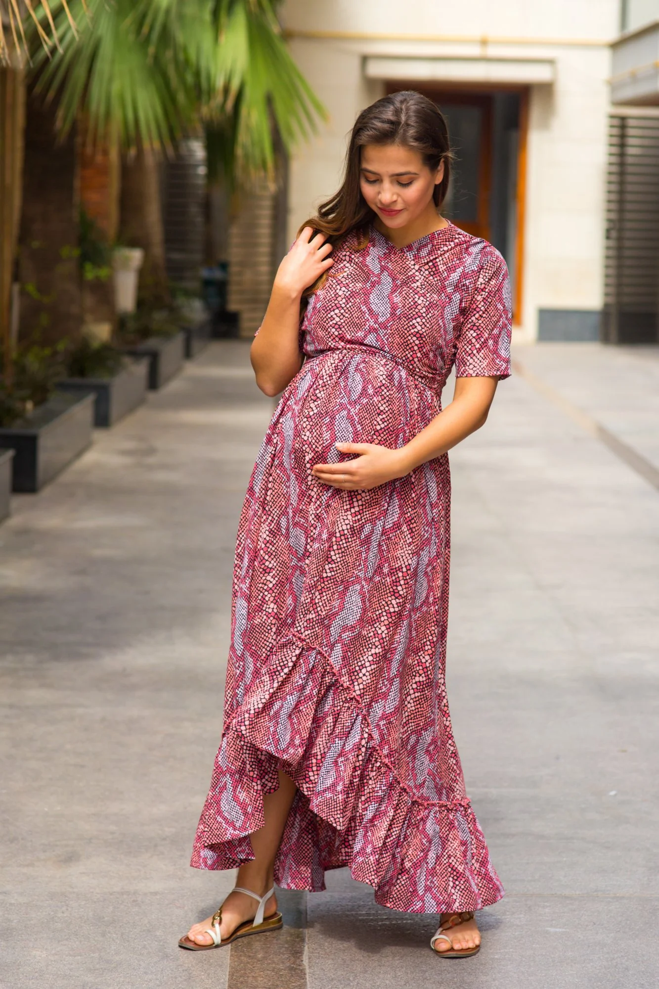 Bubblegum Pink Hi-Low Frill Maternity & Nursing Wrap Dress - Chenance