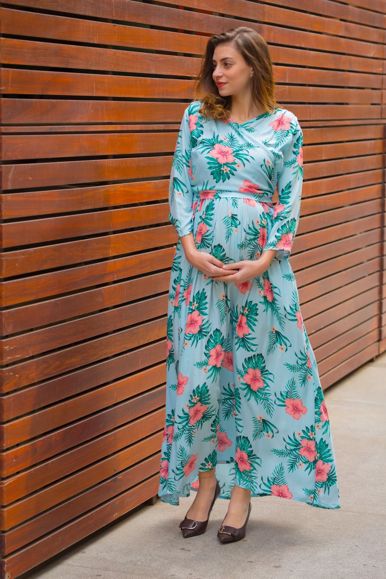 Aqua Hibiscus Maternity & Nursing Wrap Dress - Chenance