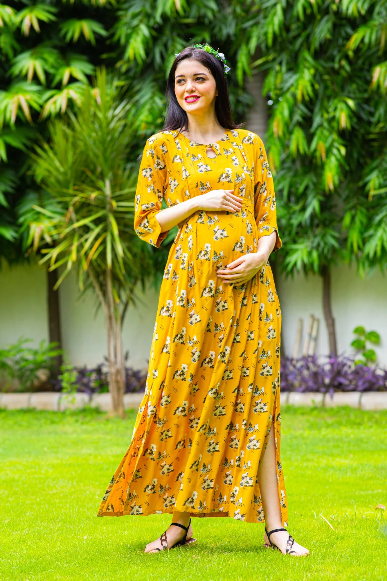 Marigold Pintucks Concealed Zips Maternity & Nursing Dress - Chenance