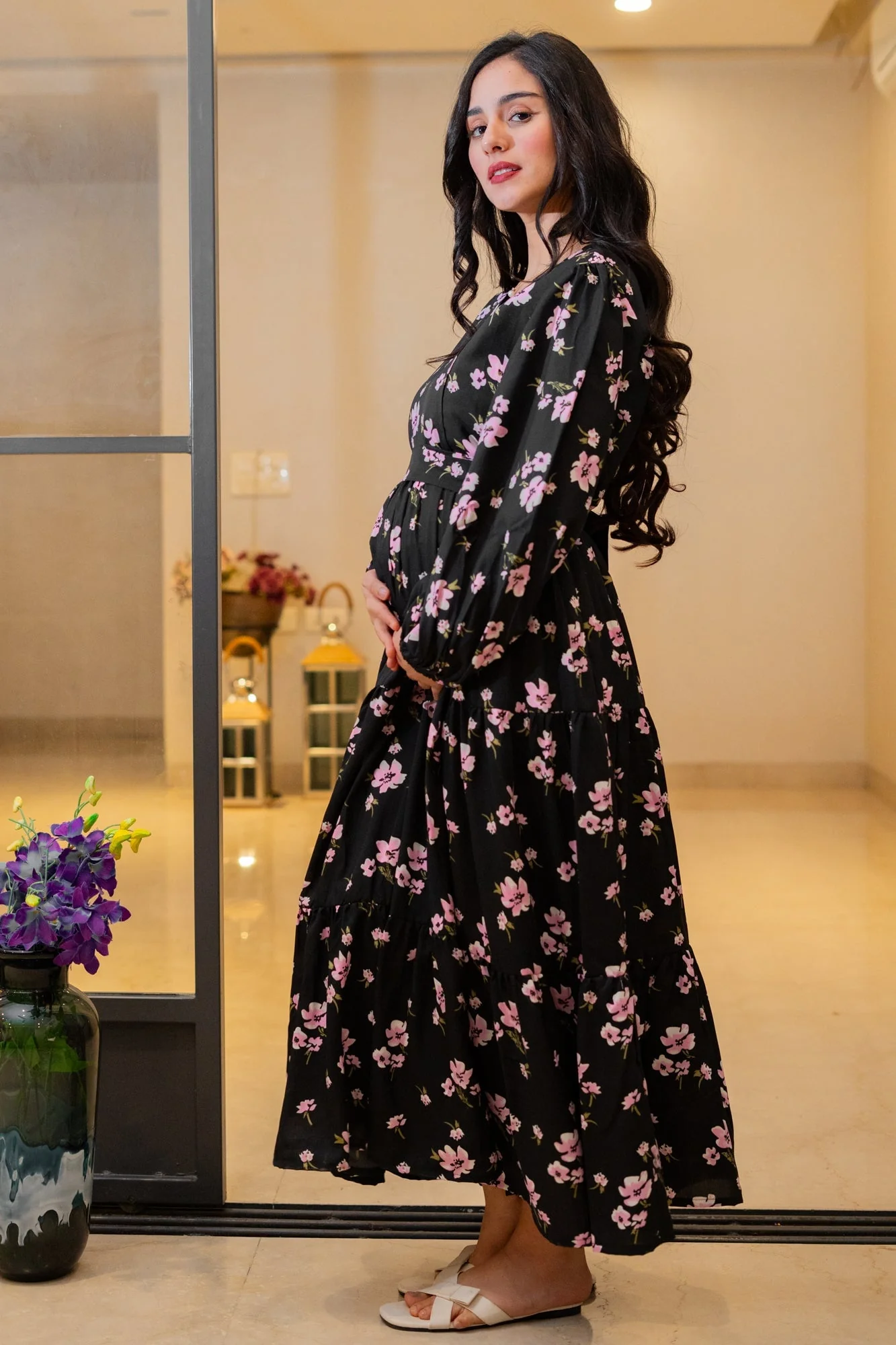 Eden Classic Black Bloom Maternity & Nursing Layered Dress - Chenance