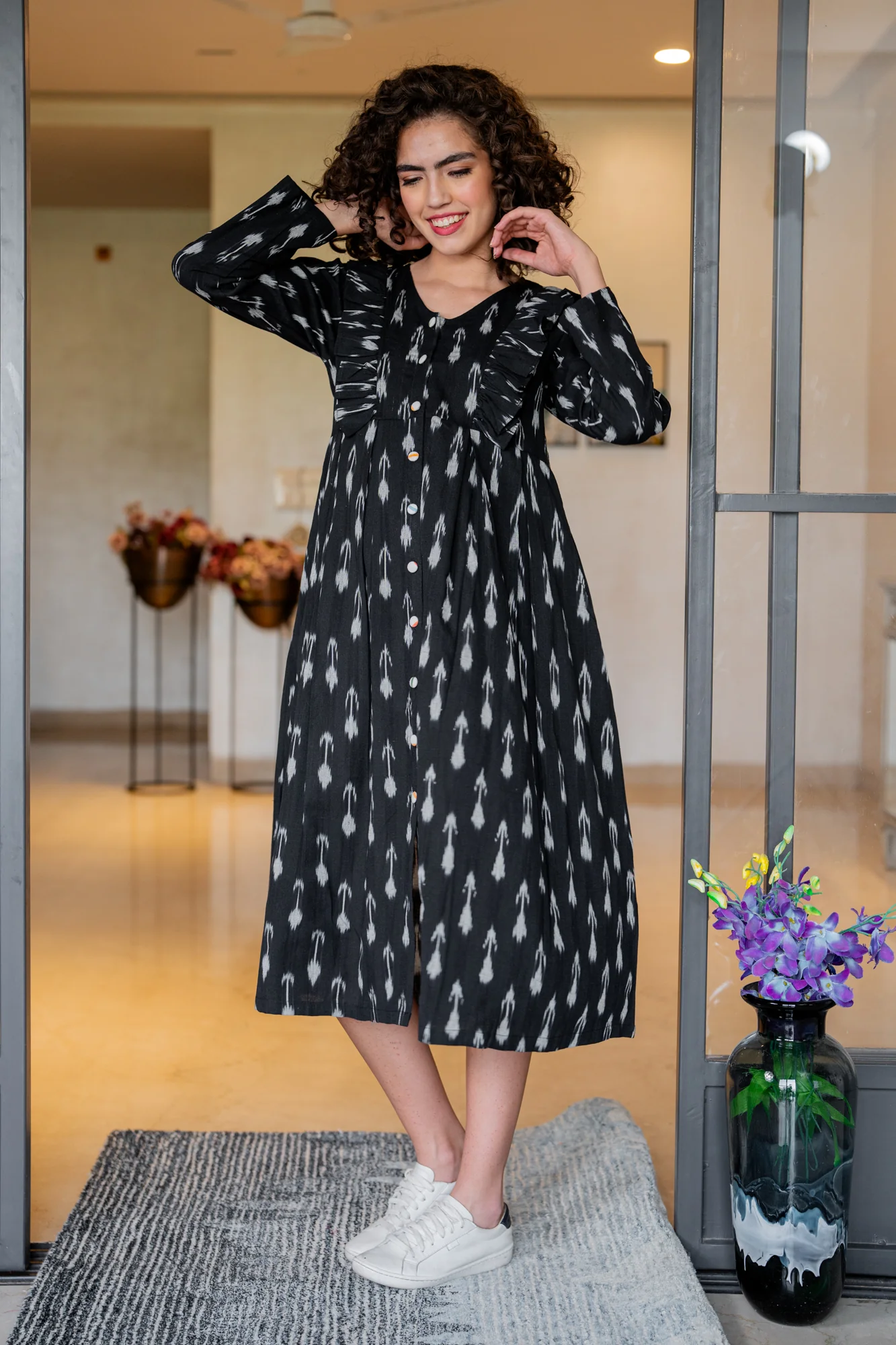 Pleasing Black Ikat Blue Maternity & Nursing Dress (100% Cotton) - Chenance