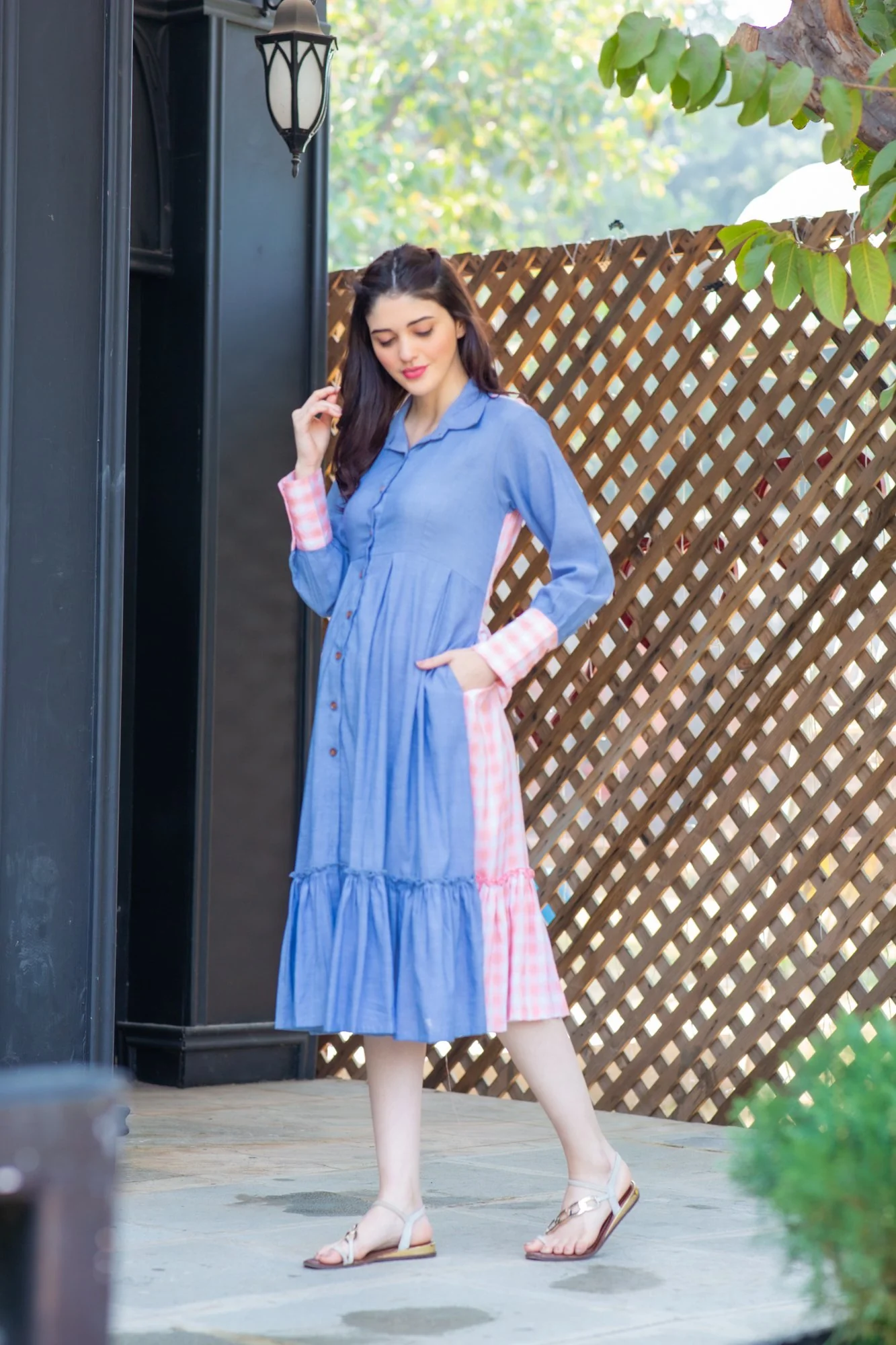 Blue Pink Cotton Maternity & Nursing Dress - Chenance