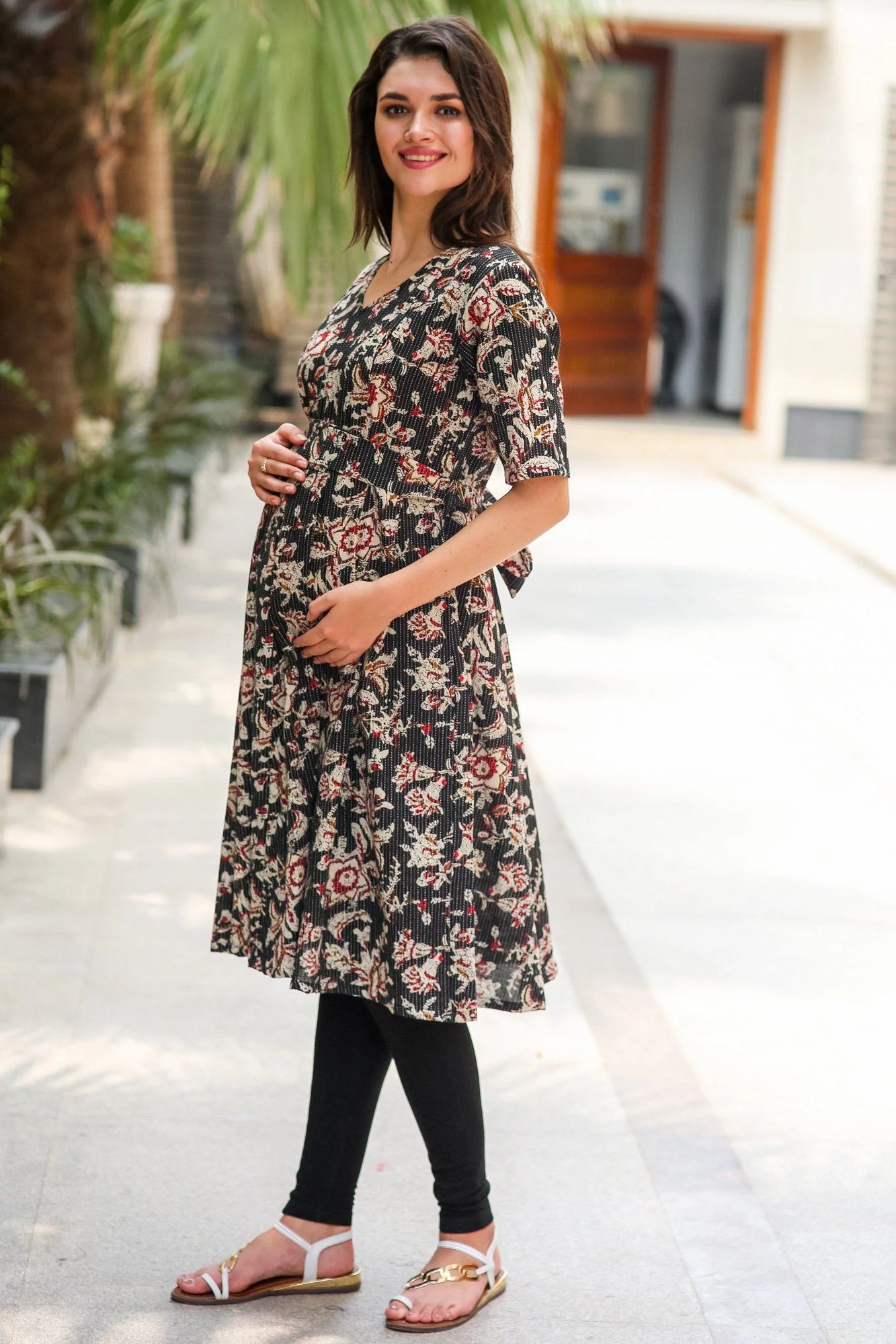 Raven Indian Motif Maternity & Nursing Cotton Kurta Dress - Chenance