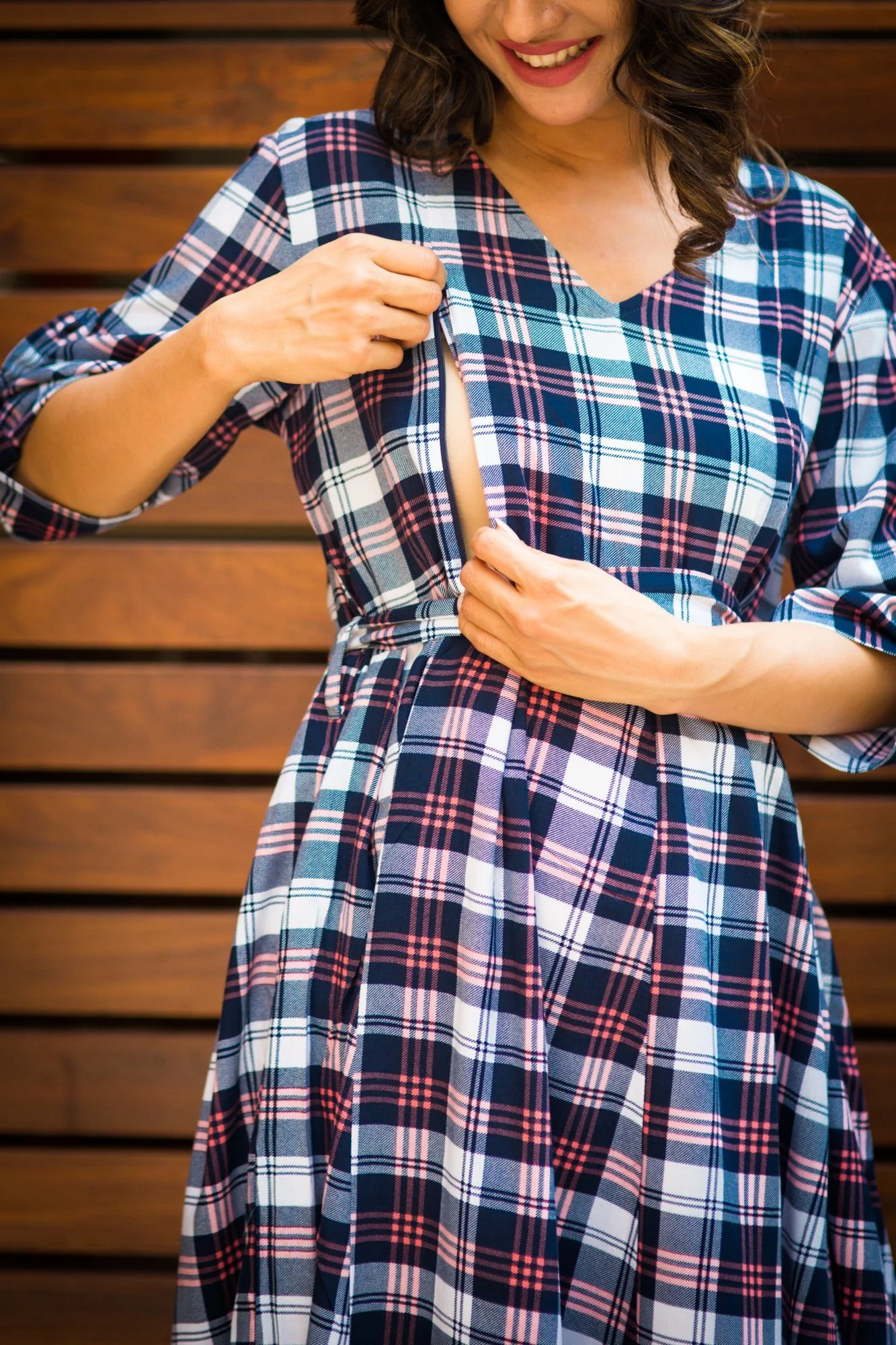 Elegant Chic Blue Plaid Pintucks Maternity & Nursing Dress - Chenance