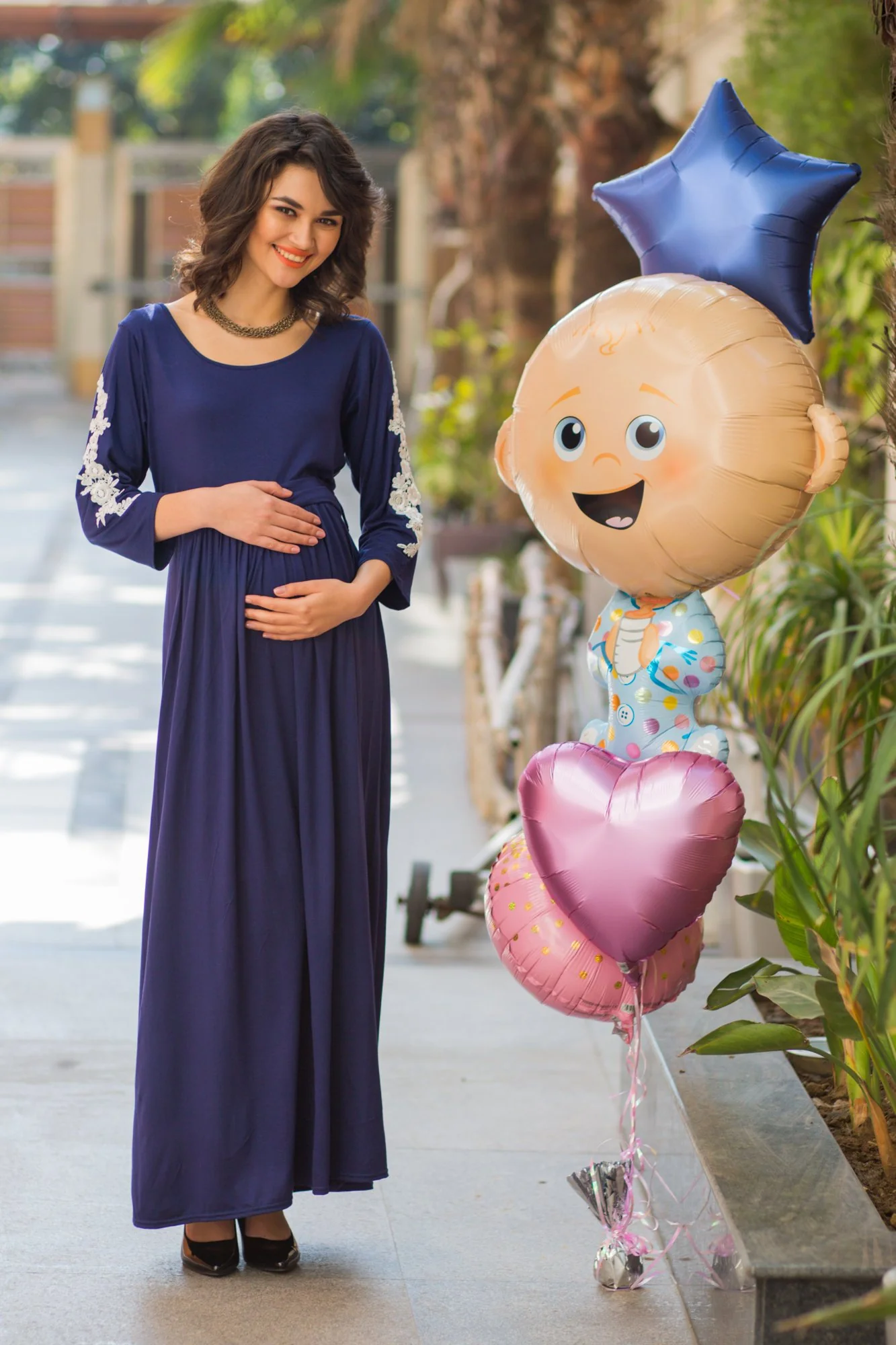 Regal Blue Lycra Crochet Sleeves Maternity Dress - Chenance