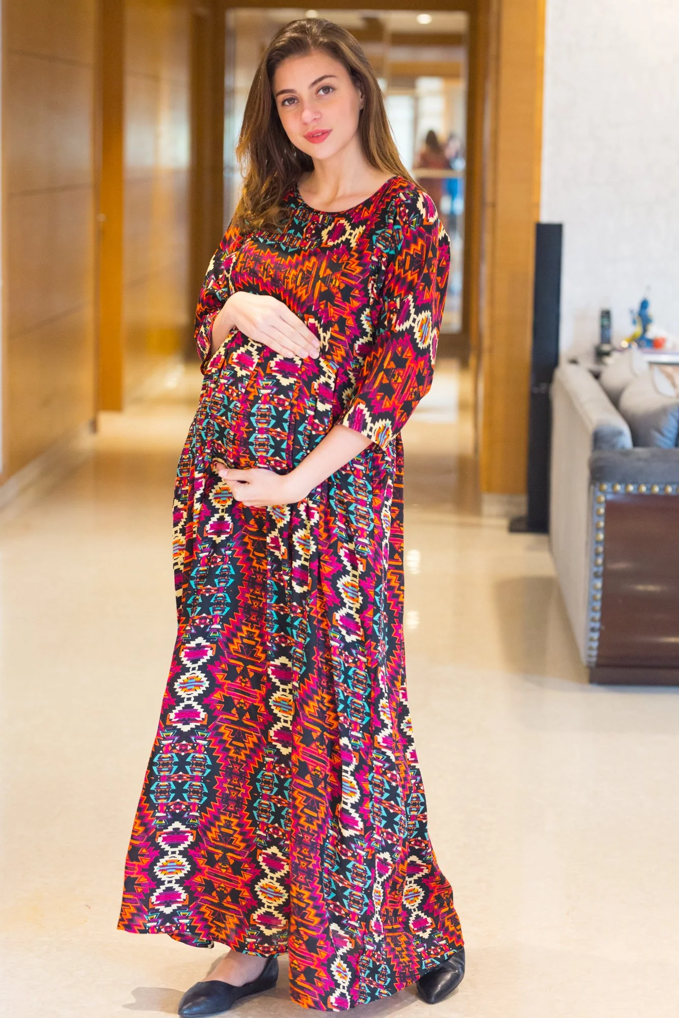 Sunshine Aztec Concealed Zip Maternity & Nursing Maxi - Chenance