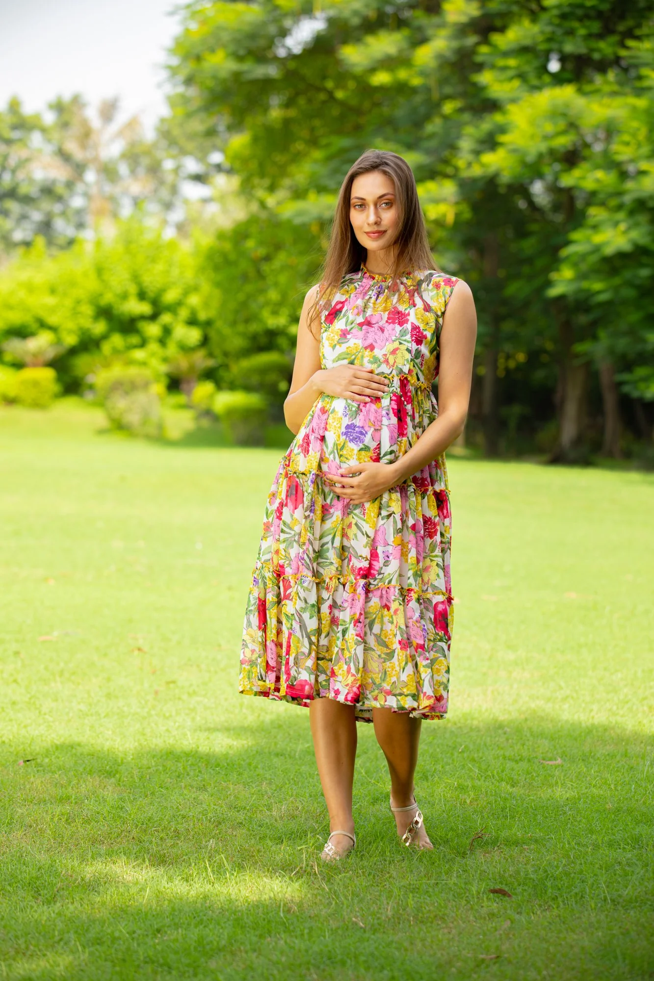 Blossom White Maternity & Nursing Concealed Zips Frill Dress - Chenance