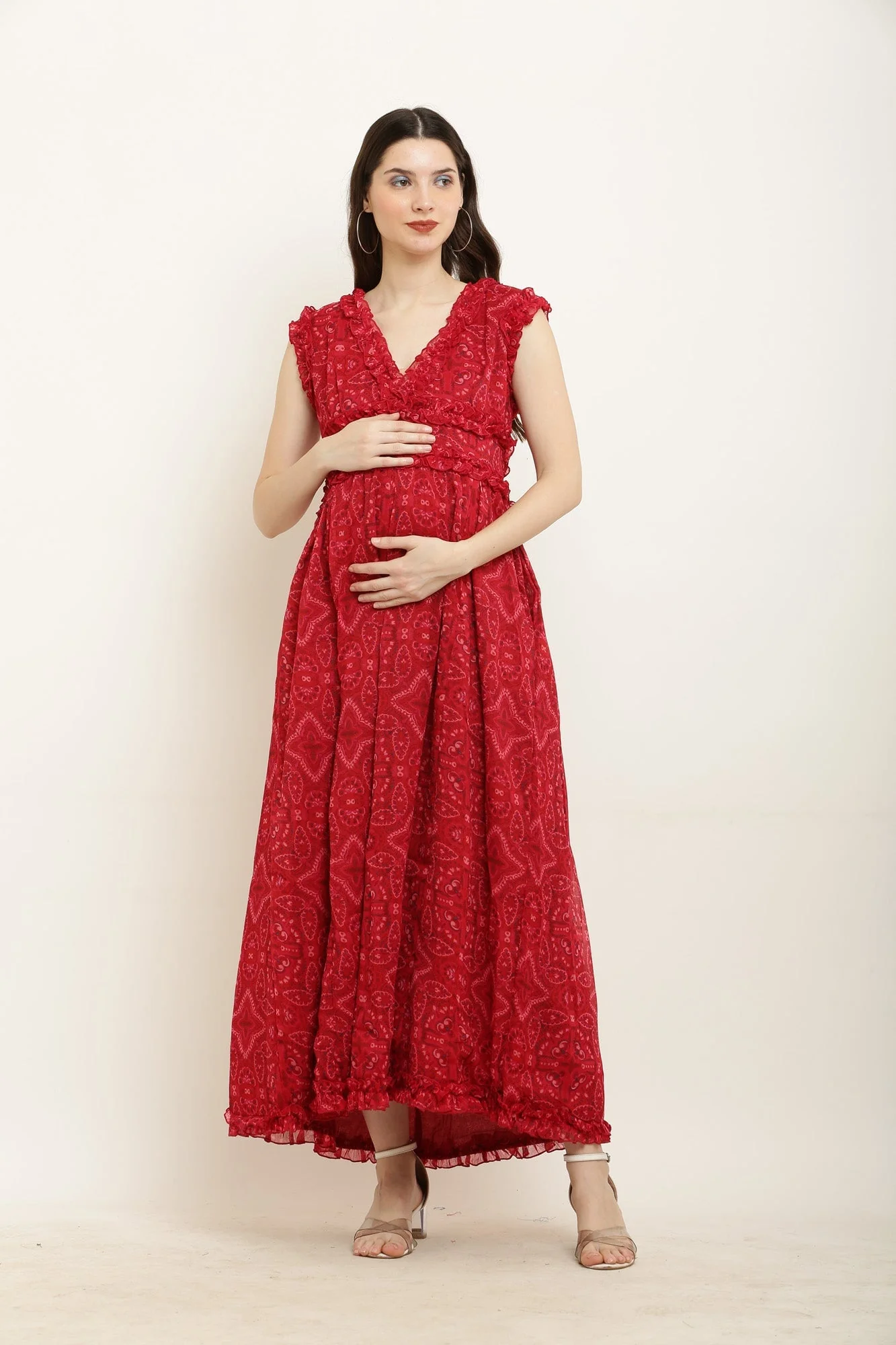 Poppy Red Ethnic Print Maternity Chiffon Dress - Chenance