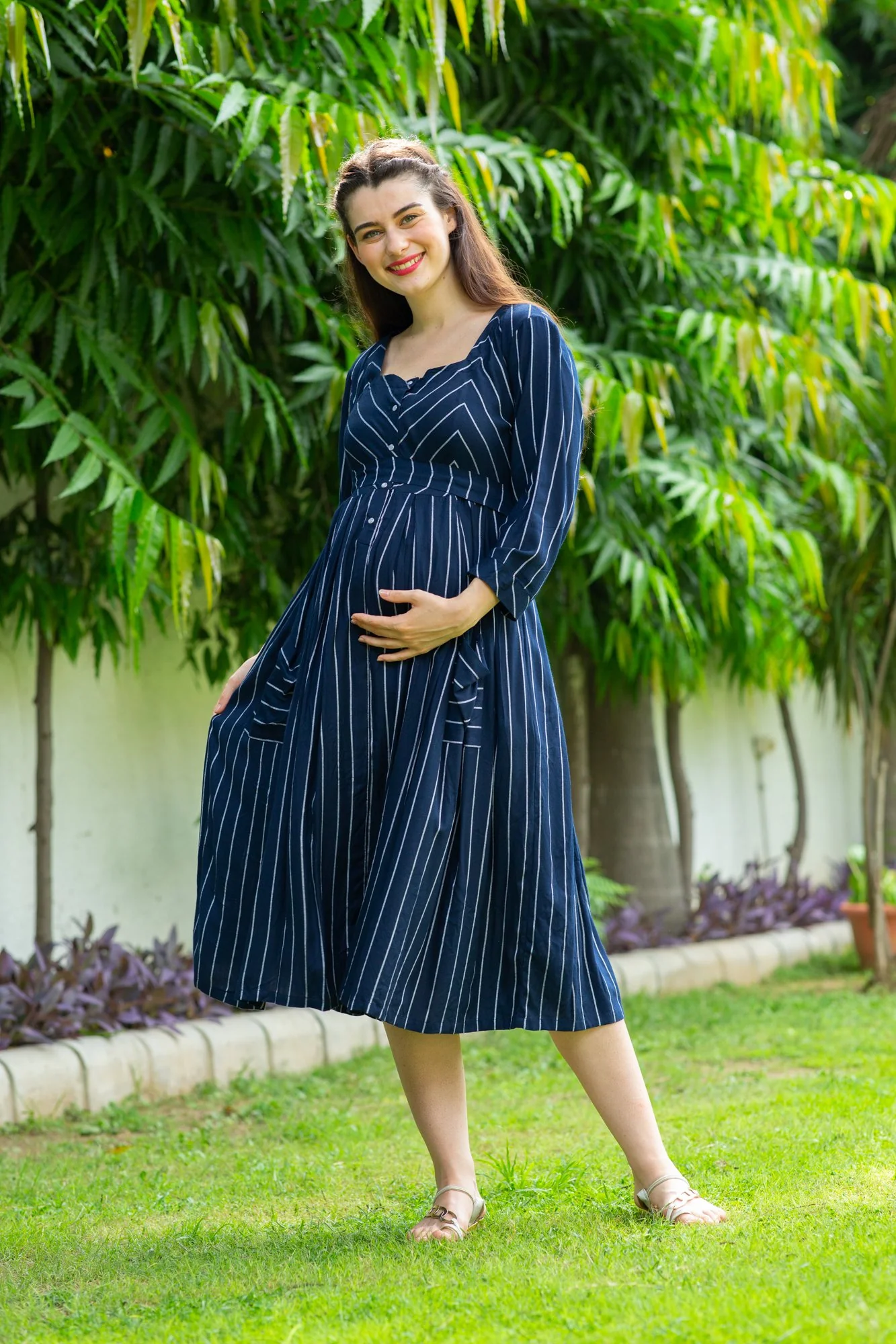 Ocean Striped Pocket Maternity & Nursing Dress - Chenance