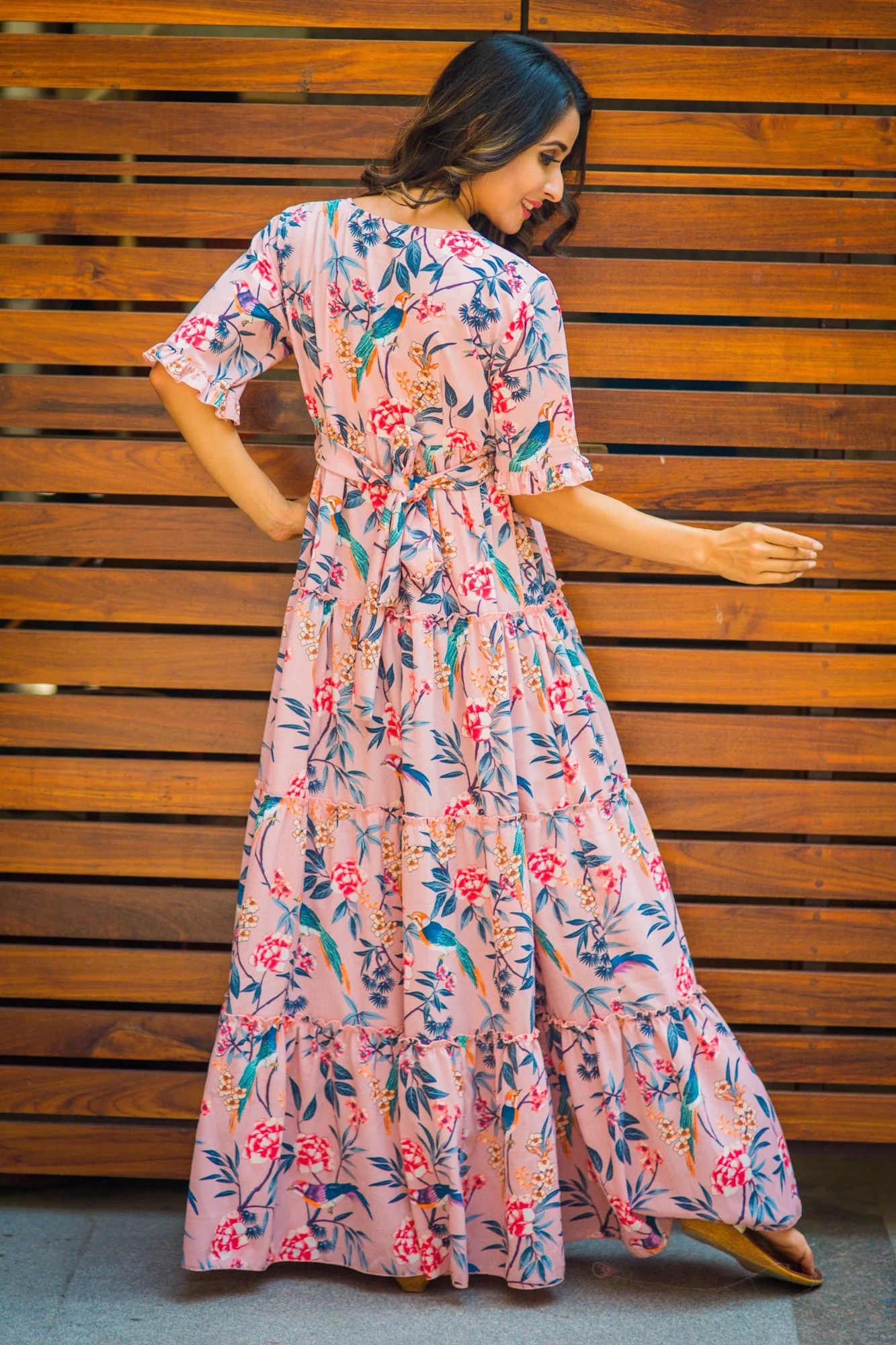 Multilayer Garden Peach Frill Single Concealed Zip Maternity & Nursing Dress - Chenance