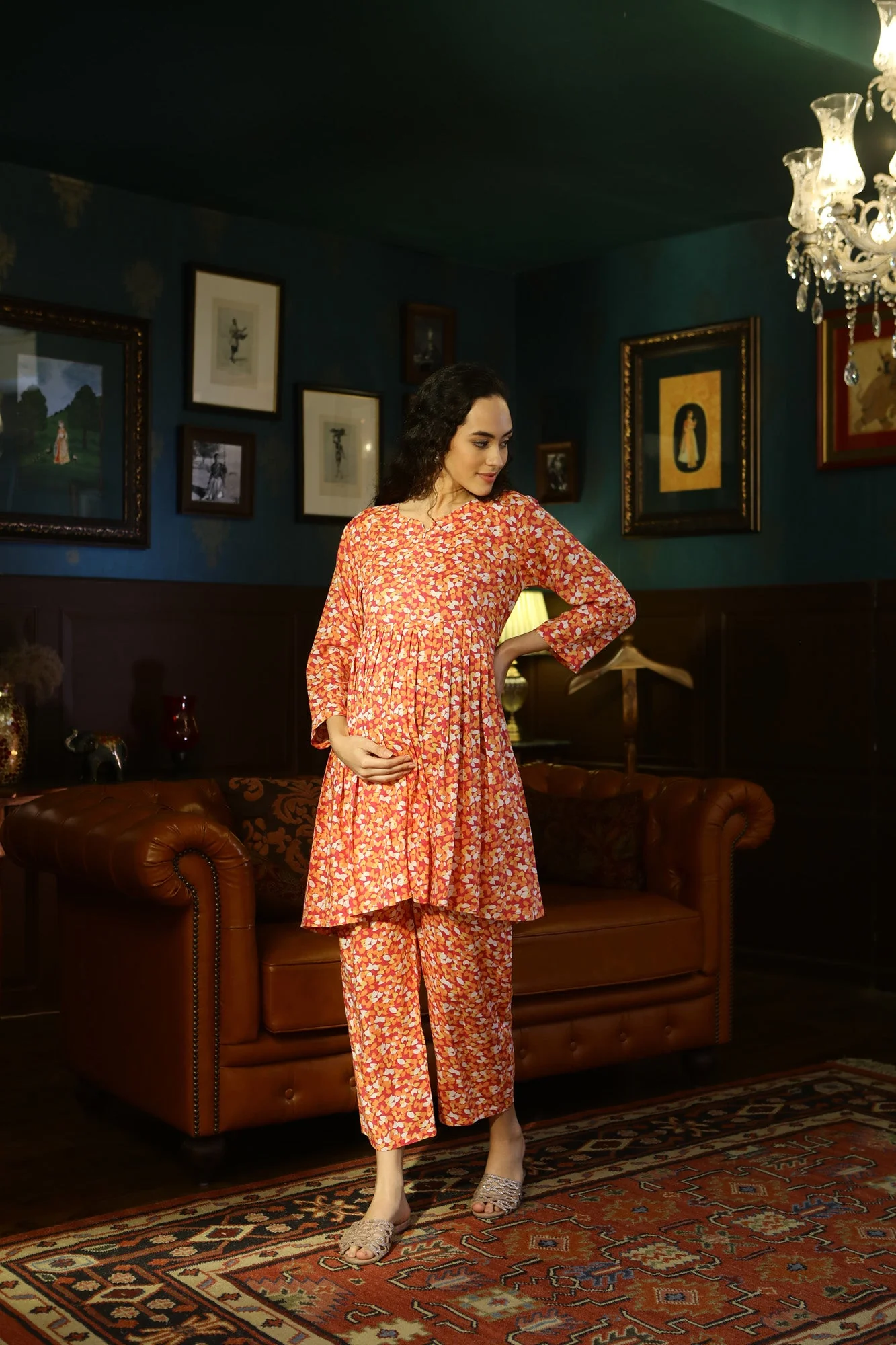 Poppy Red Maternity & Nursing Lounge Coord Set (2Pc) - Chenance