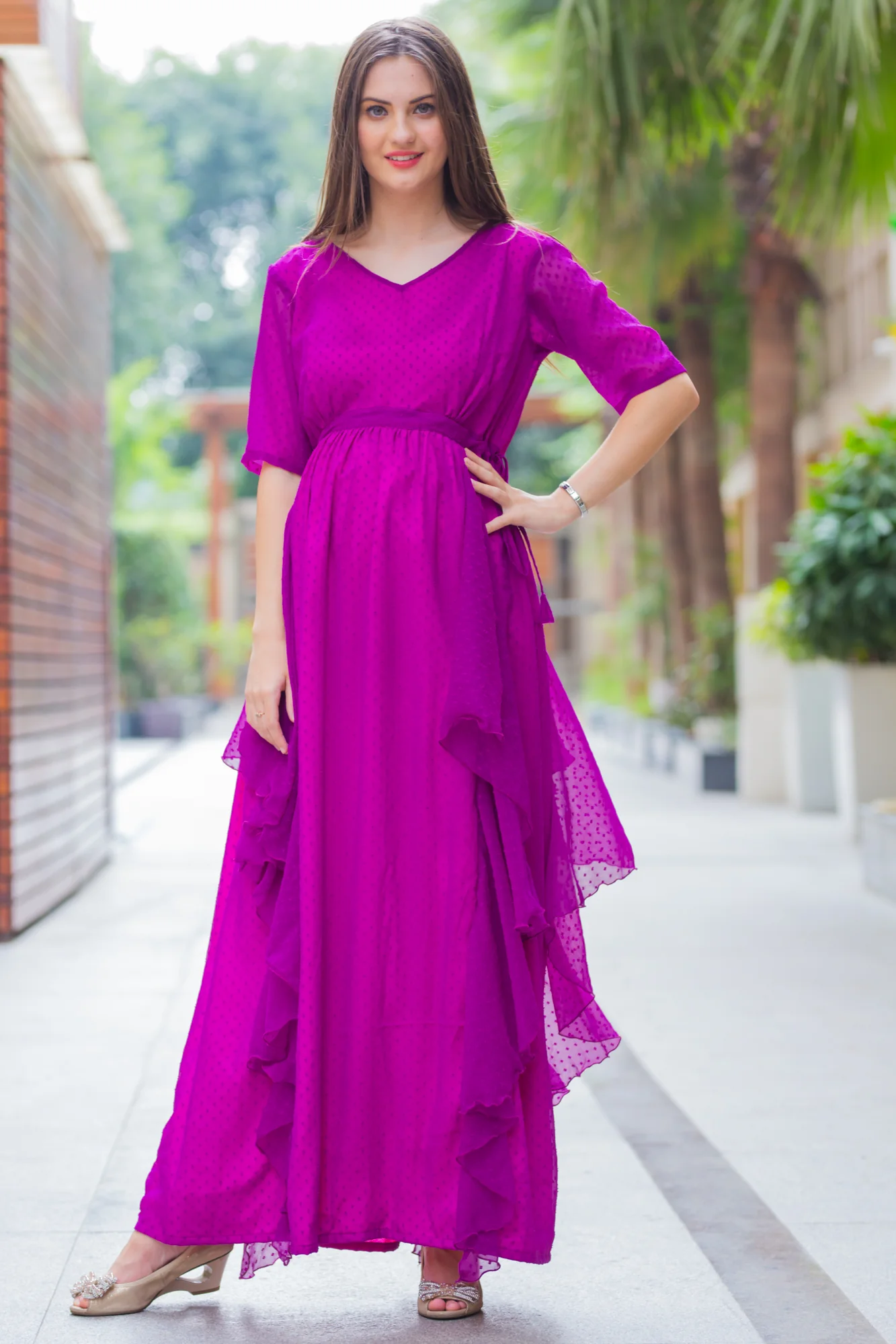 Plum Maternity Flowing Dress With Sleeves - Chenance