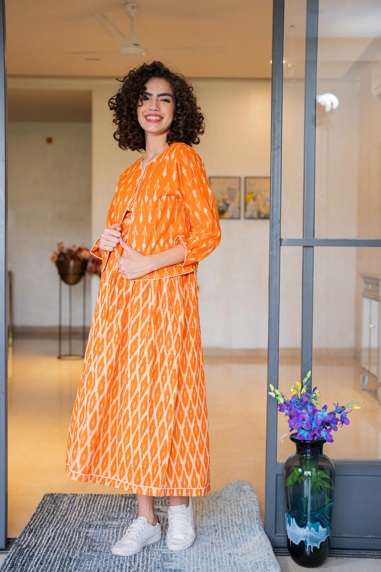 Vibrant Tangerine Ikat Maternity Dress With Jacket (100% Cotton) (2Pc) - Chenance